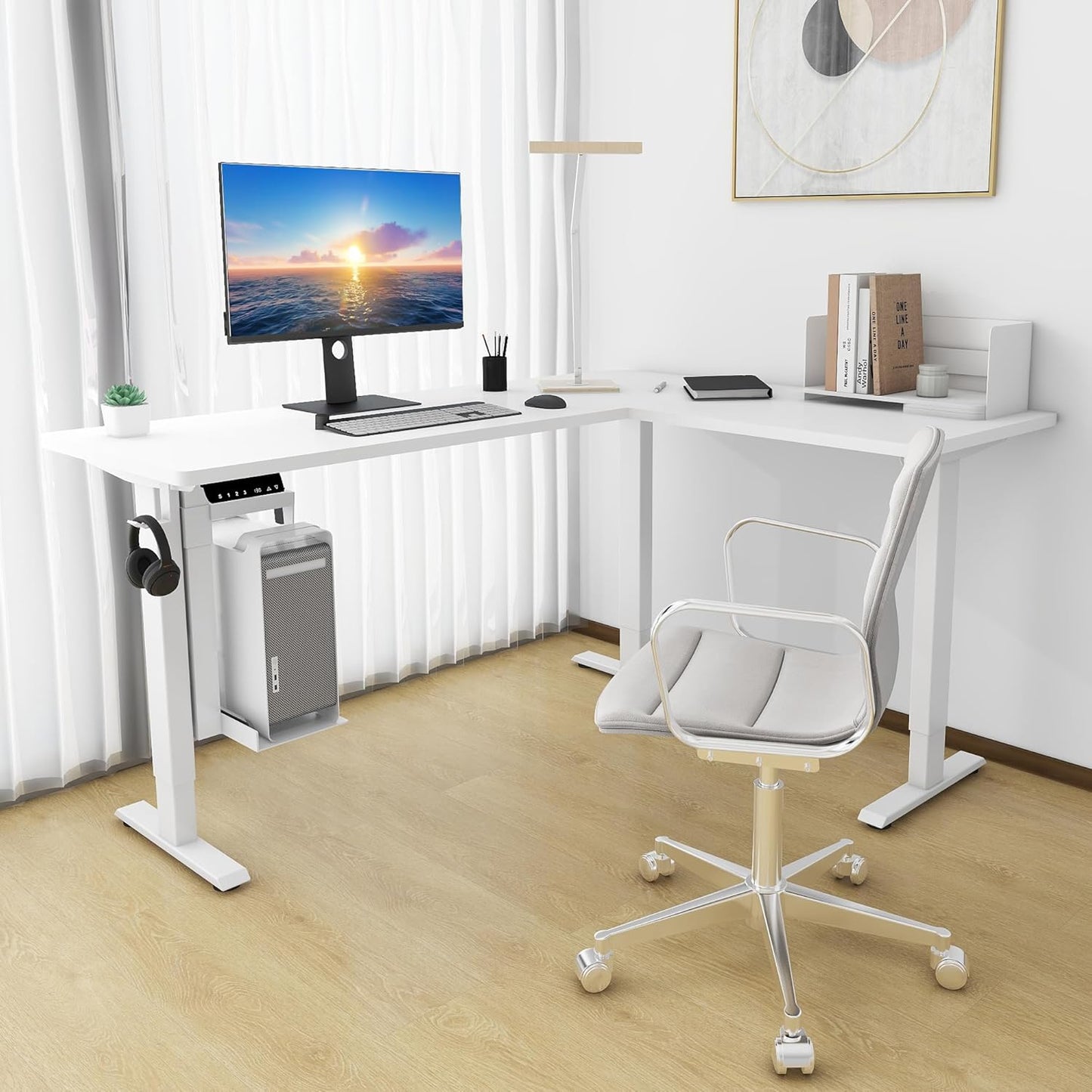 Fromann Adjustable 3 Legs Standing Desk Frame Base Electric Corner Sit-Stand Desk for Home and Office (White)