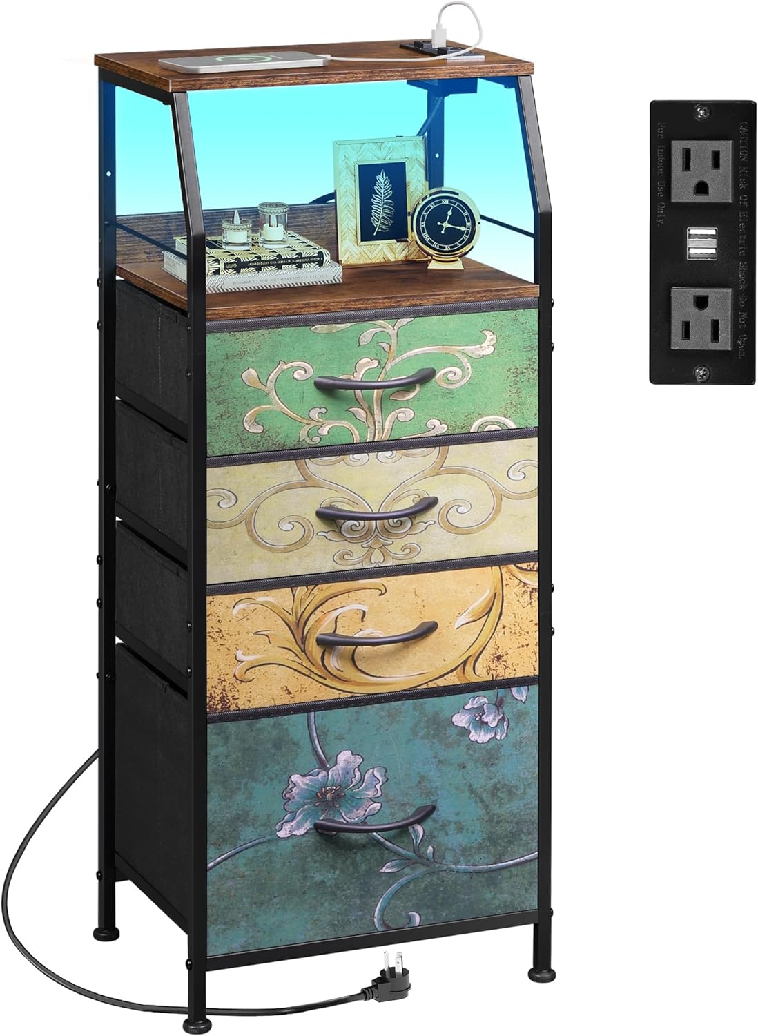 WLIVE 4 Drawer Dresser for Bedroom, 37" H Nightstand with Charging Station and Led Light, Tall Night Stand Bed Side Table, End Table with USB Ports and Outlets, Fabric Bins, Floral Painted