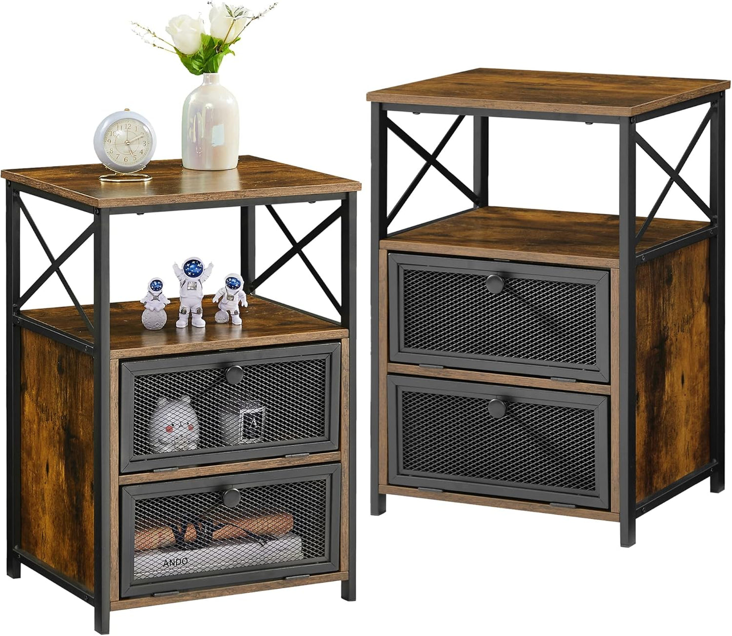 VECELO Modern Night Stand, End Side Table with Storage Space and Door, Nightstands with Flip Drawers for Living Room,Bedroom,Lounge,Set of 2, Brown