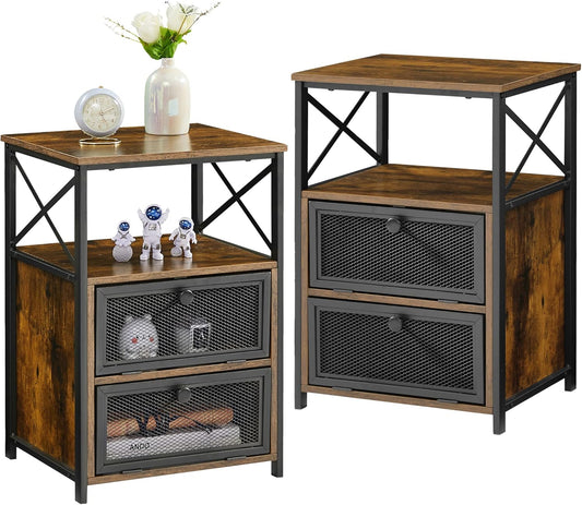 VECELO Modern Night Stand, End Side Table with Storage Space and Door, Nightstands with Flip Drawers for Living Room,Bedroom,Lounge,Set of 2, Brown