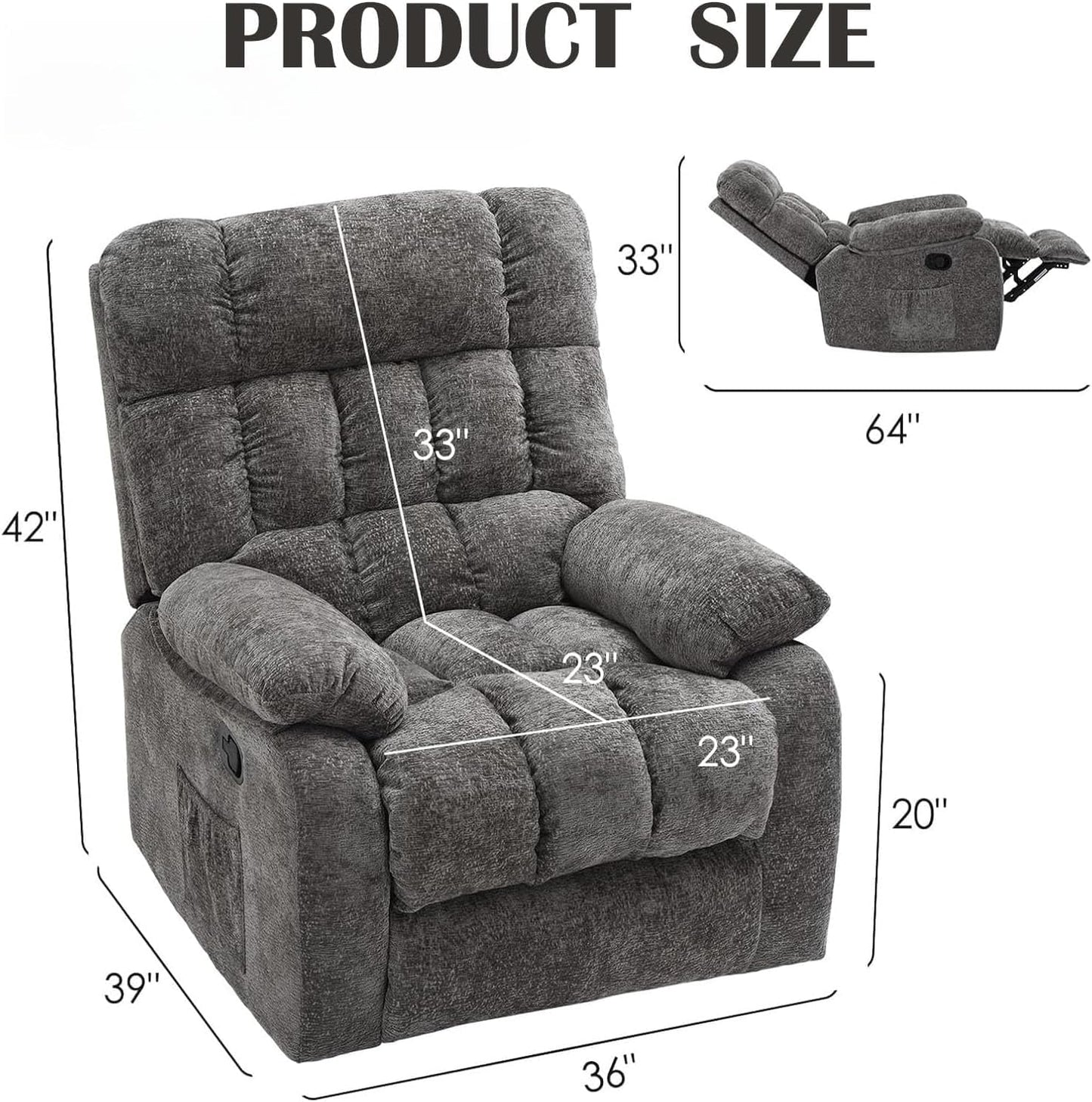 Oversized Recliner Chair, Adjustable Recliner with Side Pockets, Living Room Reclining Lounge Chair for Adults, Small Spaces Comfy Sofa with Theater Seating for Bedroom, Gray