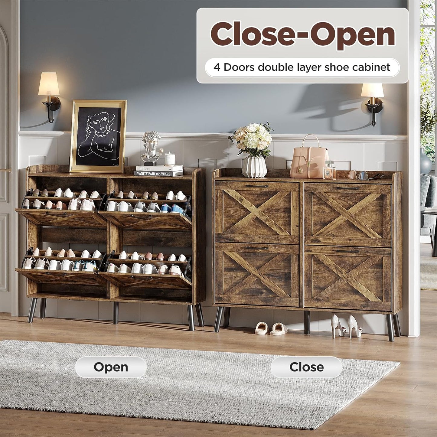 Maupvit Large Shoe Storage Cabinet with 4 Flip Drawers, Narrow Shoe Cabinet for Entryway with Wooden Legs, Freestanding Hidden Shoe Rack Organizer ＆ Metal Hinges, Rustic Brown