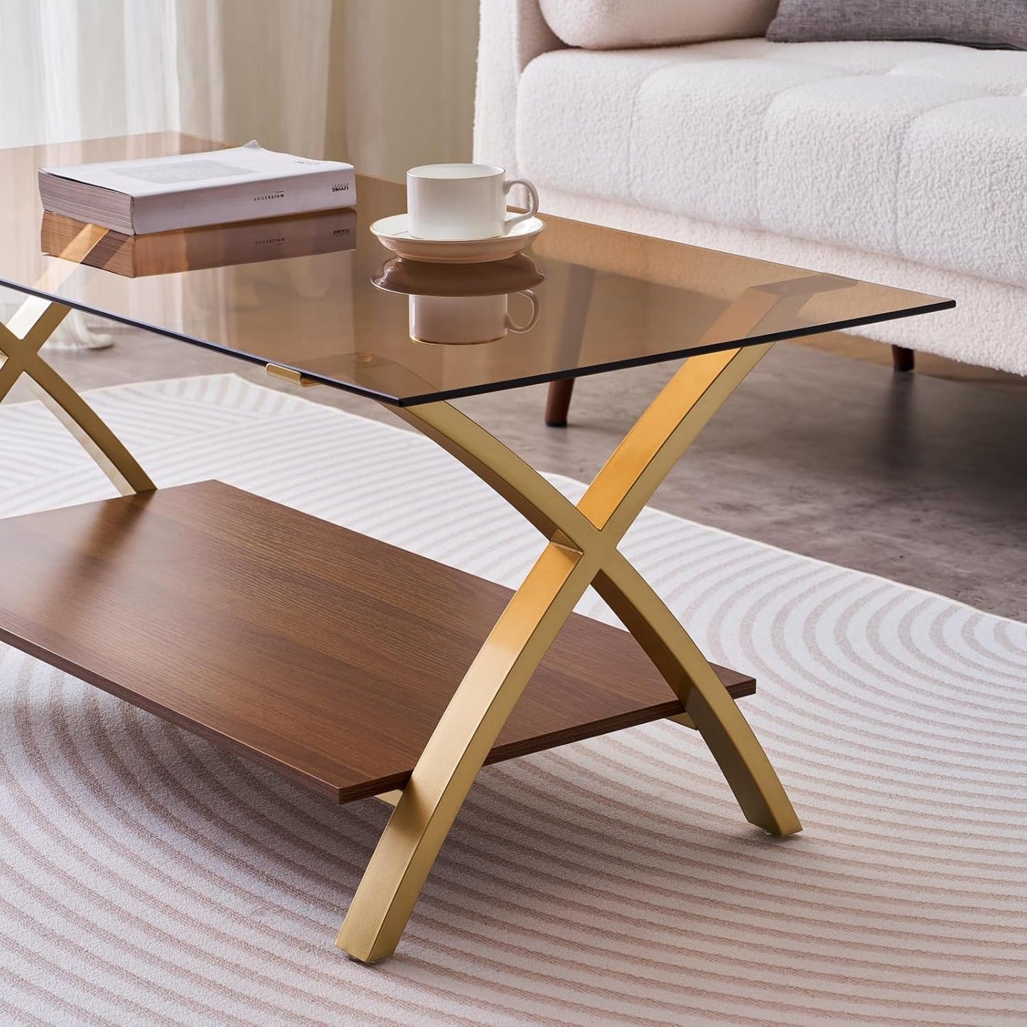 Coffee Table for Living Room and Bedroom, 2-Tier Mid-Century Modern Table with Amber Tempered Glass Top and Walnut Finish Wood Shelf, Strong Metal Legs with Gold Finish