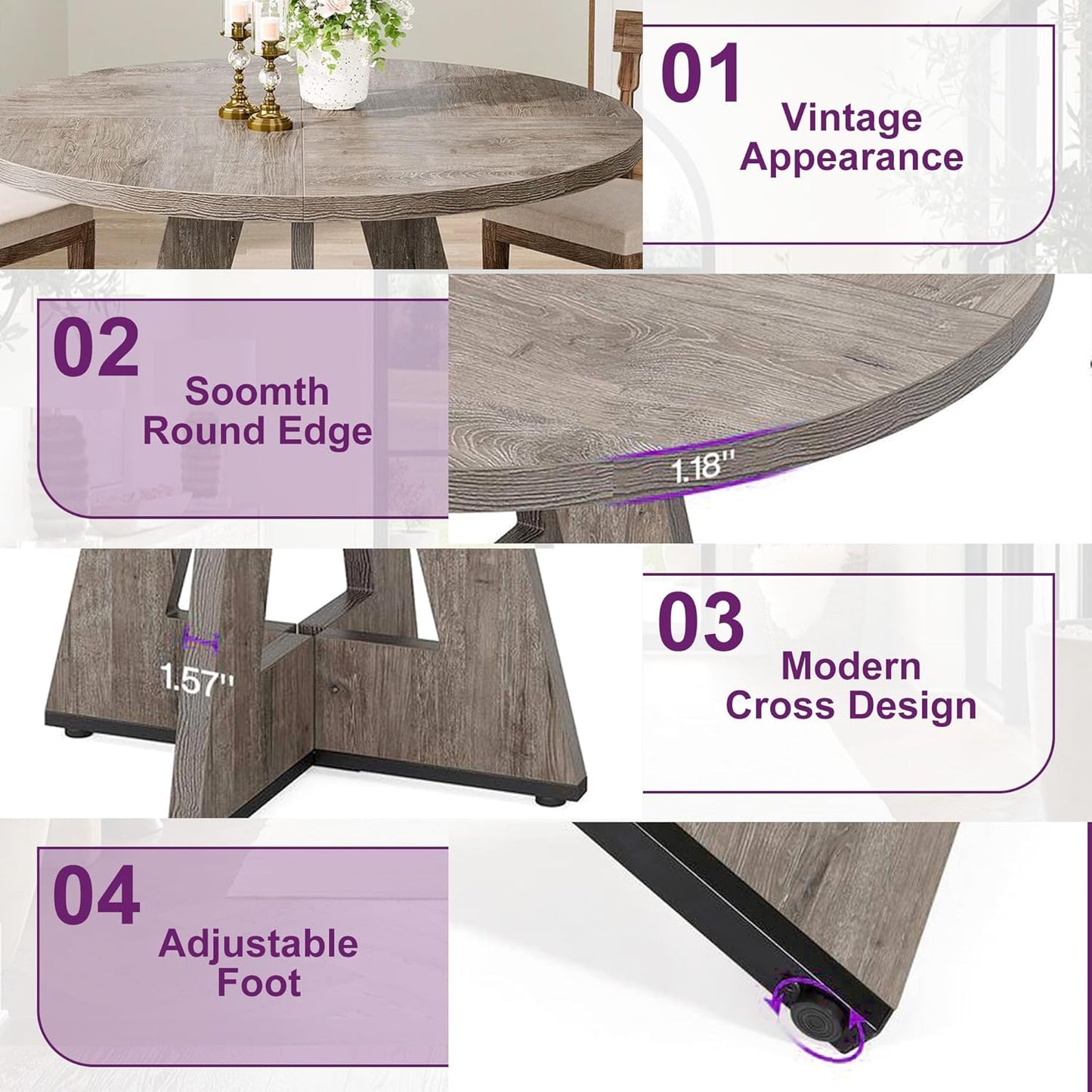 Round Dining Table for 4, 47" Wooden Kitchen Dinner Table Rustic, Farmhouse Table for Dining Room, Living Room, Gery