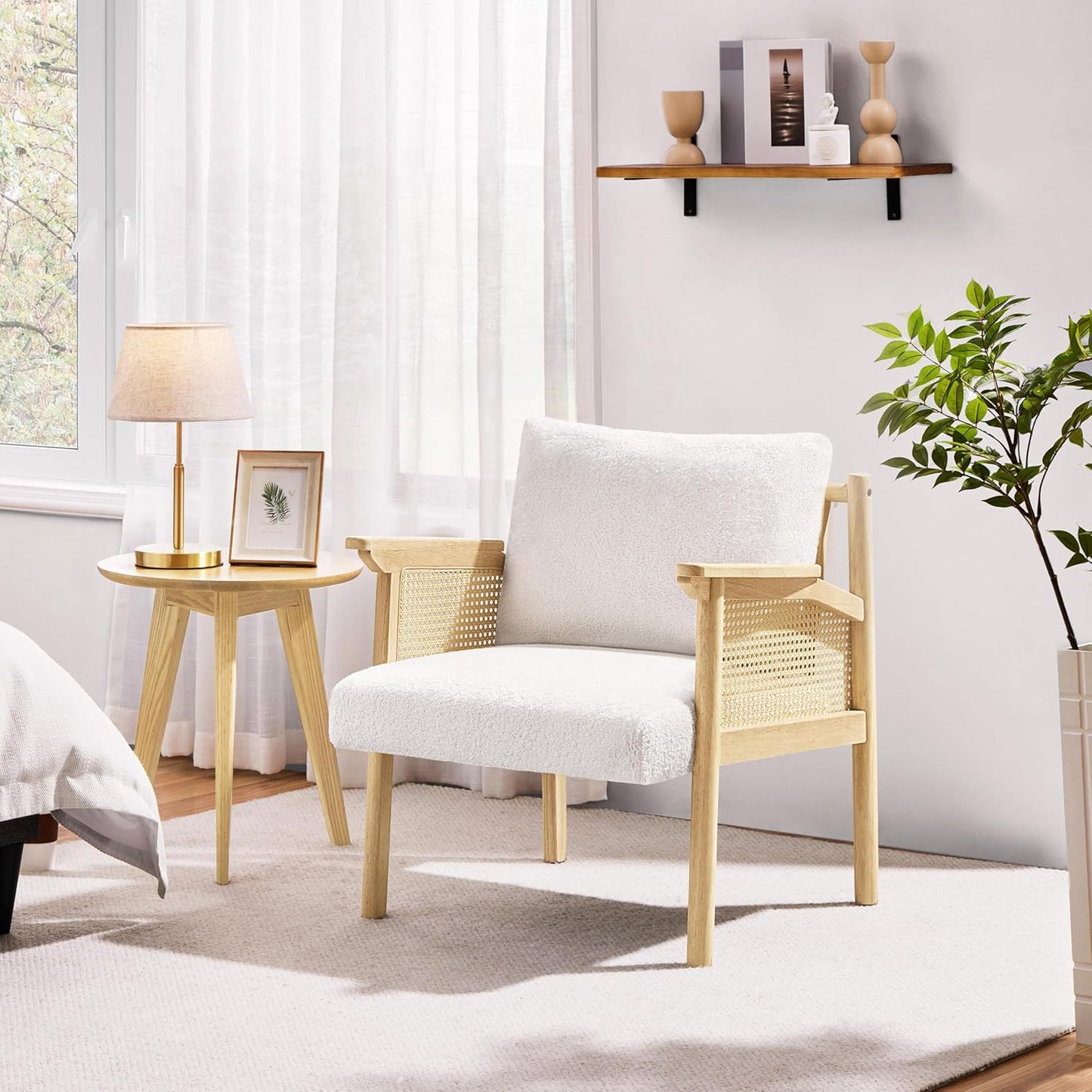 Yaheetech Accent Chair, Boucle Vanity Chair with Rattan Back Arms, Mid Century Chair Upholstered Living Room Chair Lounge Chair Bedroom Balcony White