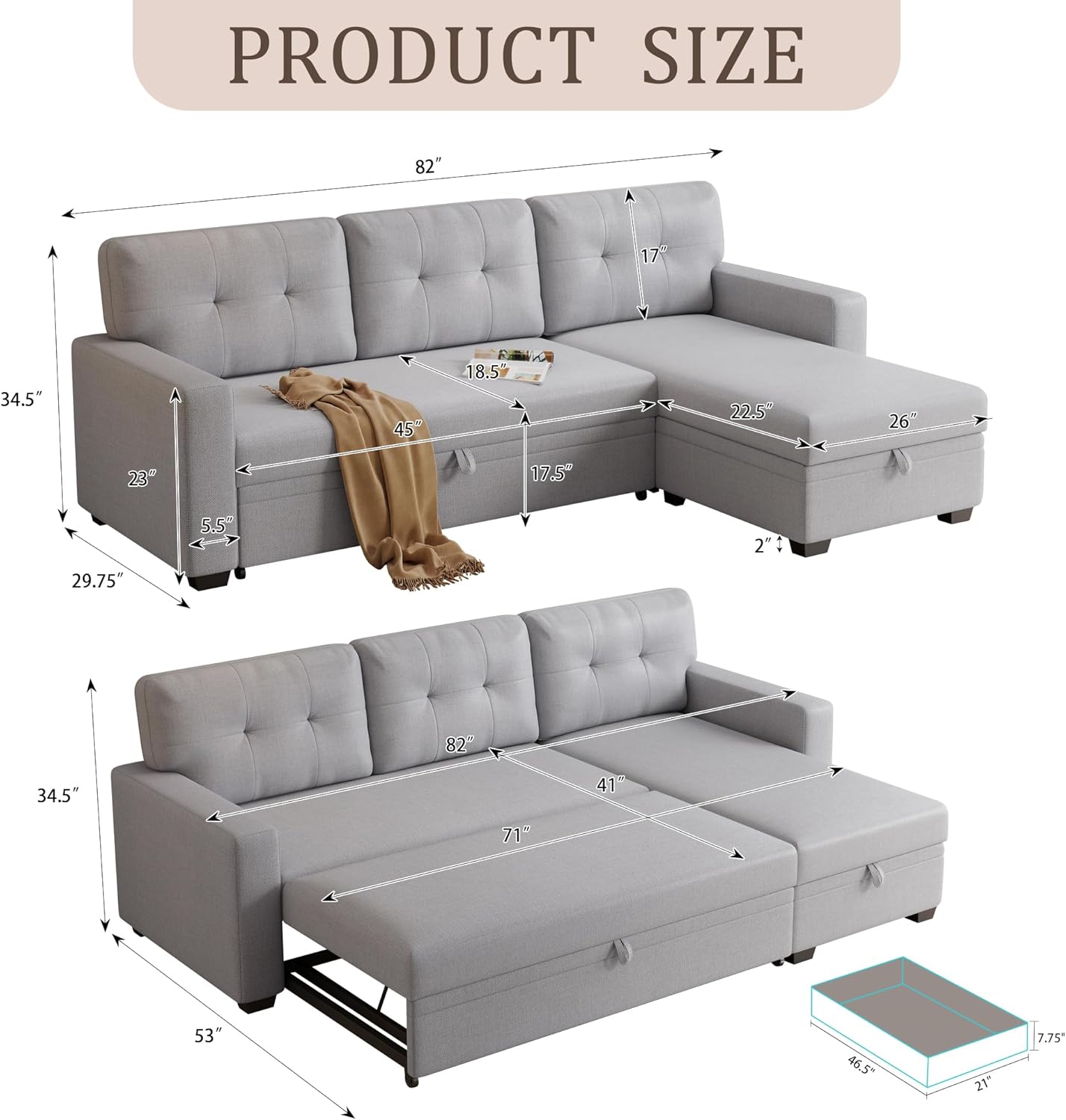 Ball & Cast L-Shape Convertible Sectional Sleeper Sofa Bed 4 in 1 Pull Out Couch with Reversible Storage Chaise & Removable Back Cushions,Sleeper Corner Couch Pull Out Sofa Bed for Living Room,Office