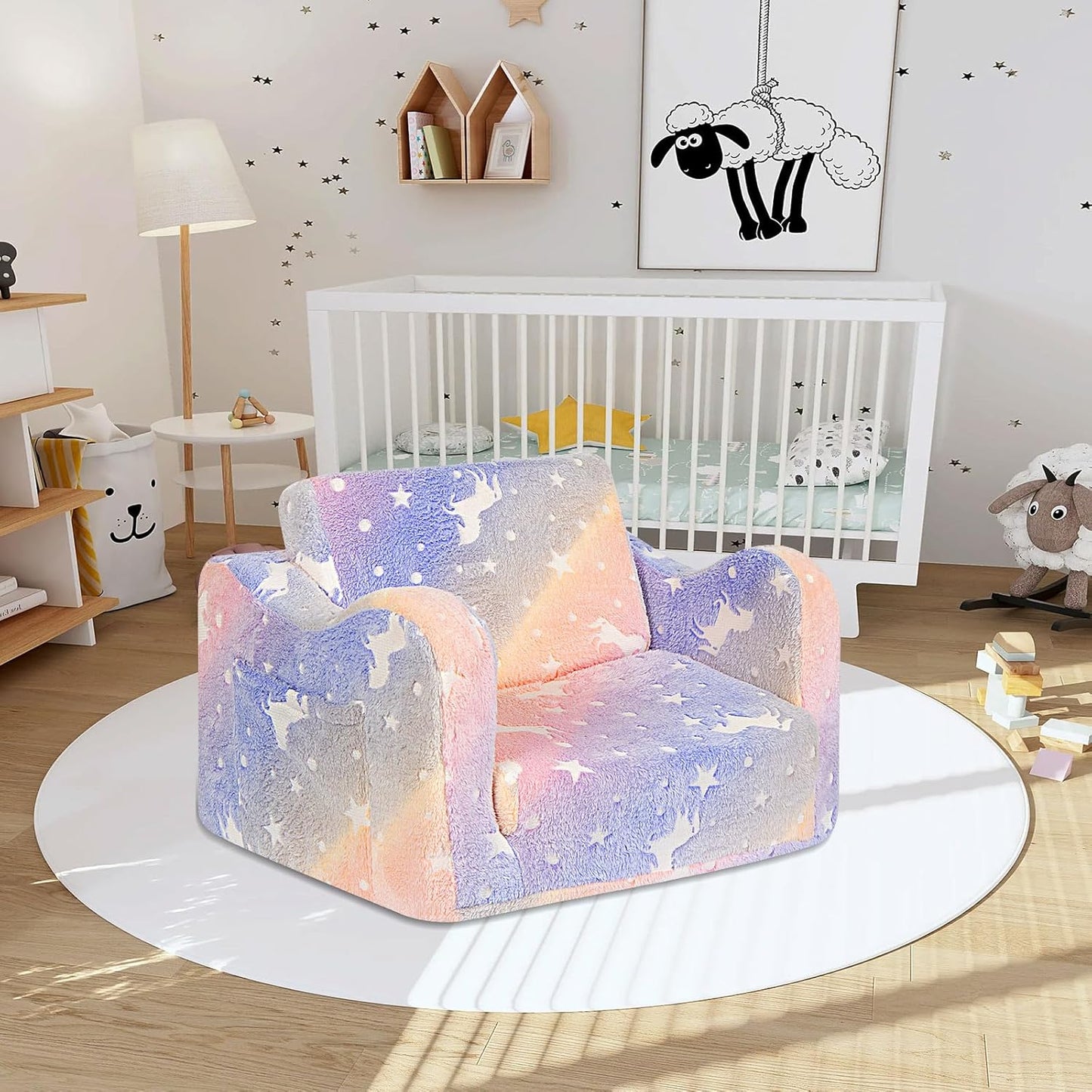 Kids Couch for Toddlers, 2-in-1 Kids Sofa Chair Glow in The Dark, Comfy Soft Foldable Toddler Couch Chair for Girls and Boys