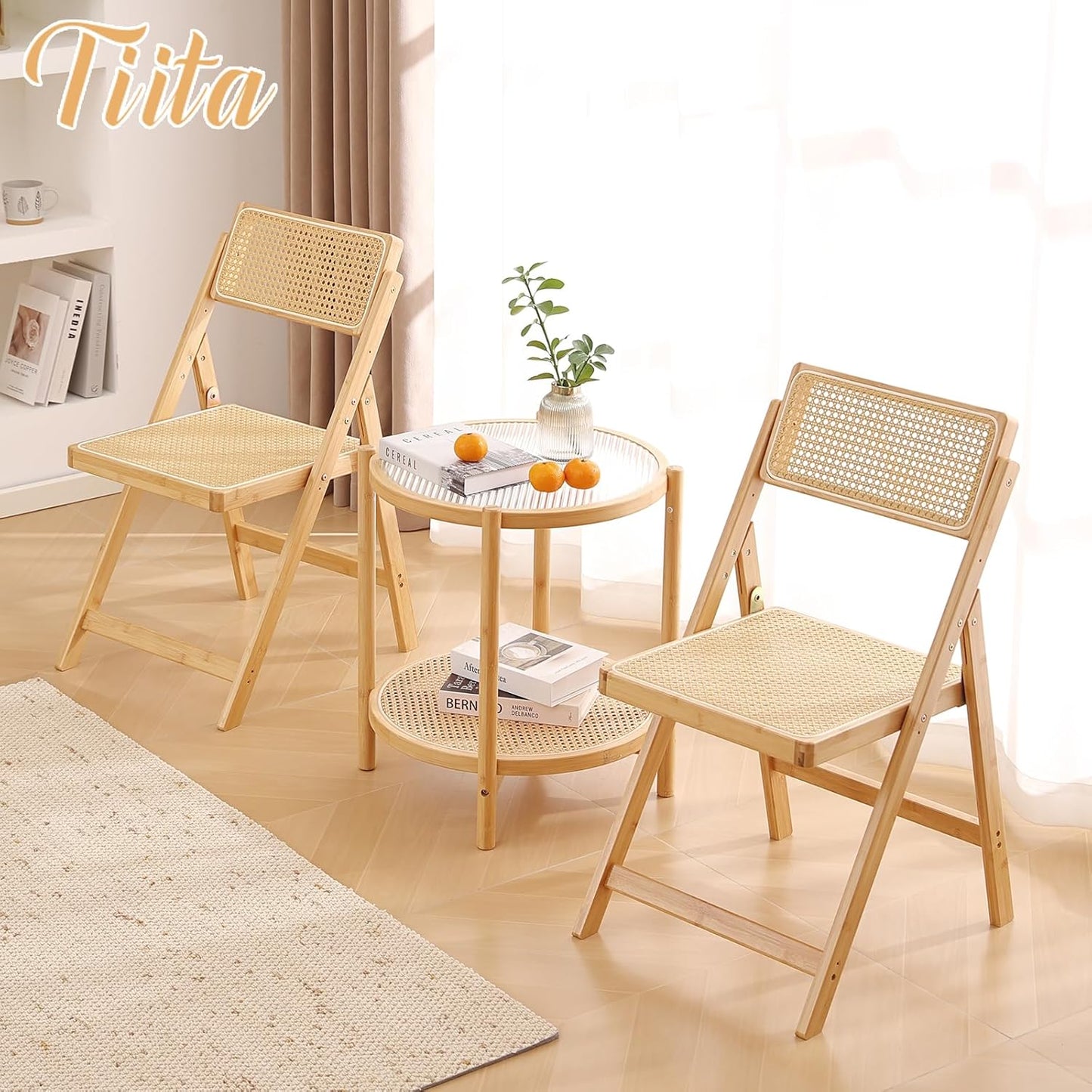 Tiita Rattan Dining Chairs Set of 2, Mid Century Modern Folding Chair, Bamboo Folding Dining Chairs for Small Space, Dining Room, Living Room, Bedroom, Wood