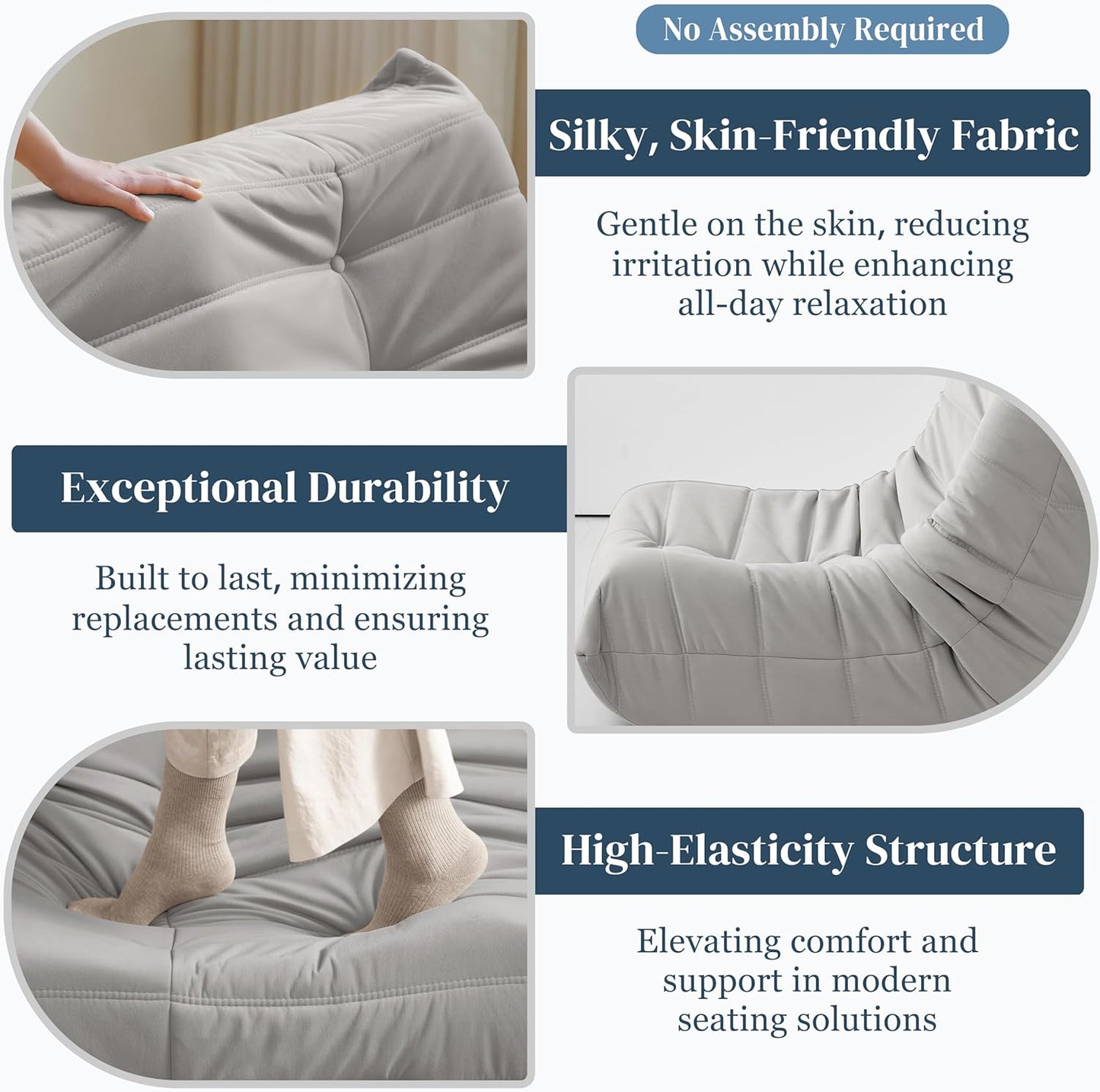 Bean Bag Chair, Fireside Chair Bean Bag Sofa for Adults, Bean Bag Chairs for Teens with High-Resilience Foam, Memory Foam & Non-Slip Base Bean Bag for Living Room, Bedroom, Office (Suede, Light Gray)