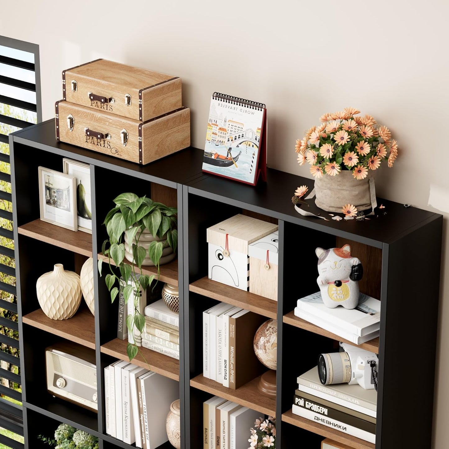 FOTOSOK 71'' Tall Bookshelf, Double Wide Media Tower Rack CD DVD Rack Display Cabinet with Adjustable Shelves, Tall Narrow Bookcase Bookshelf for Home Office, Black/Brown