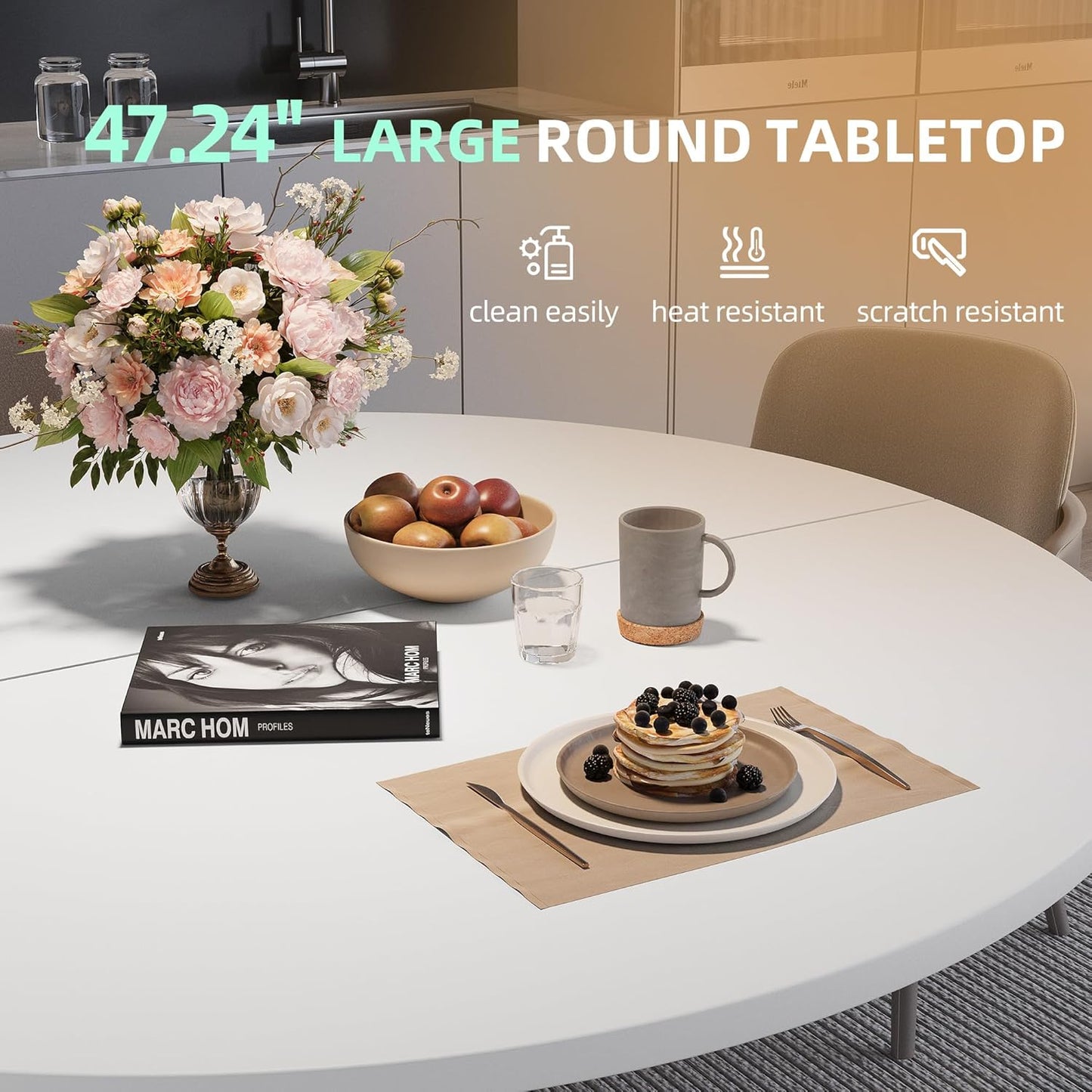 47.24" Round Dining Table for 4-6 Person, Modern Kitchen Table With Metal Legs, Pedestal Circle Table for Dining Room (White)