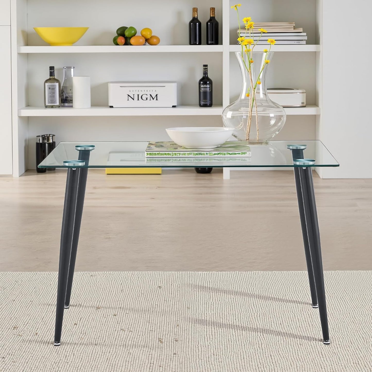 Dining Table for 6 Kitchen Table 47.2" Rectangular Modern Glass Dining Table Kitchen & Dining Room Tables with Glass Tabletop and Metal Legs for Dining Room and Kitchen, Black