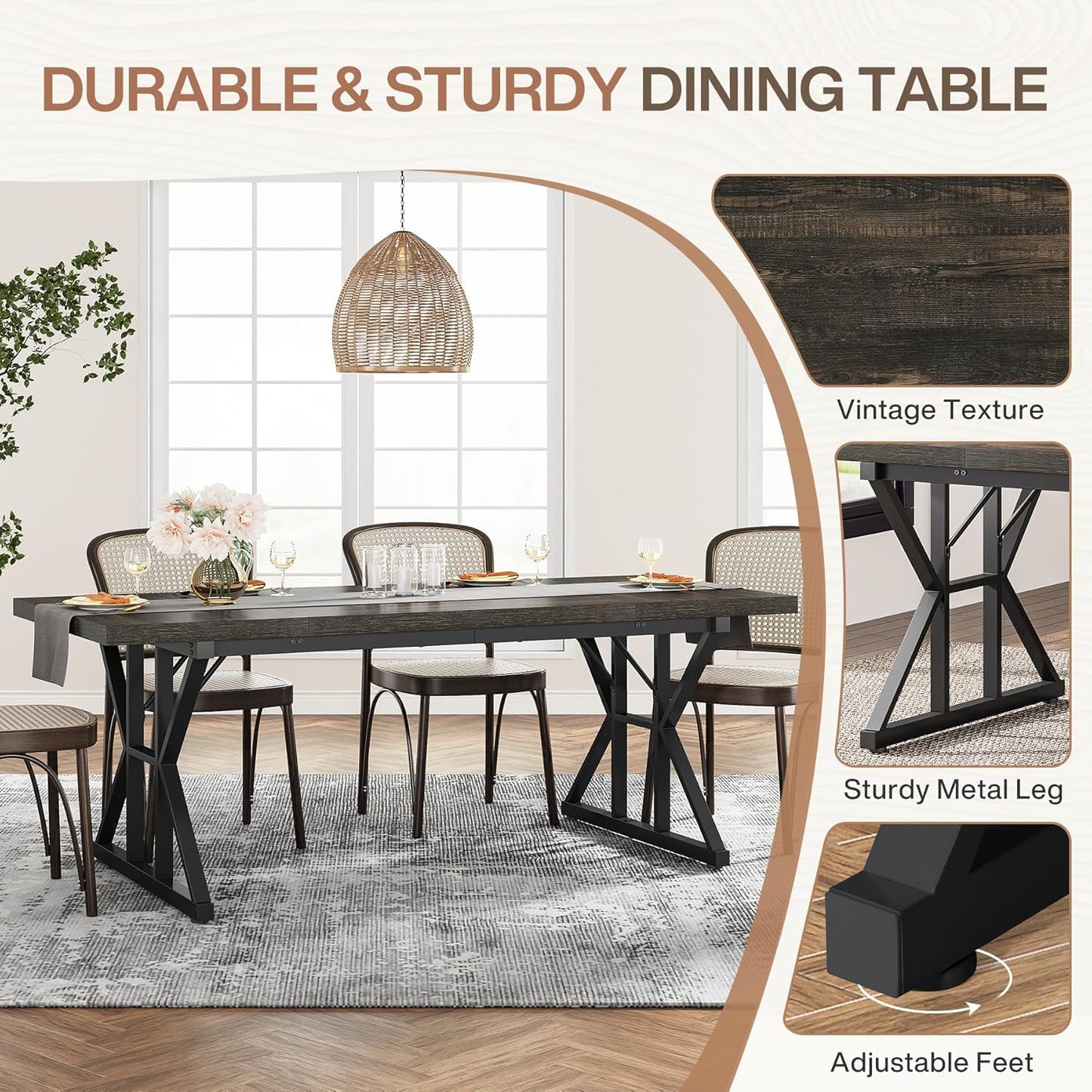 Tribesigns Farmhouse Dining Table for 6 People, 70.8-Inch Rectangular Wood Dining Table, Rustic Kitchen Table with Heavy Duty Metal Legs for Dining Room (Black, 70.8 Inch)