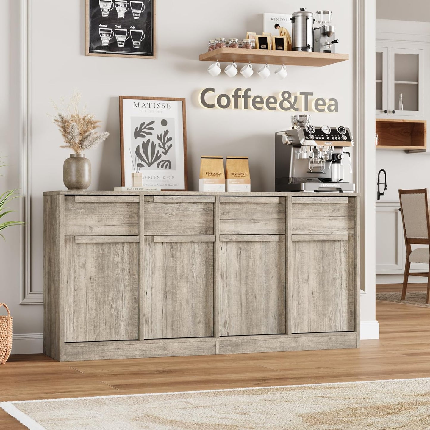 GarveeHome Sideboard Buffet Cabinet with 4 Drawers, 62.4" Large Coffee Cabinet with Storage, Modern Storage Buffet Table for Kitchen Dining Room, Living Room (Grey, 4 Doors & 4 Drawers)