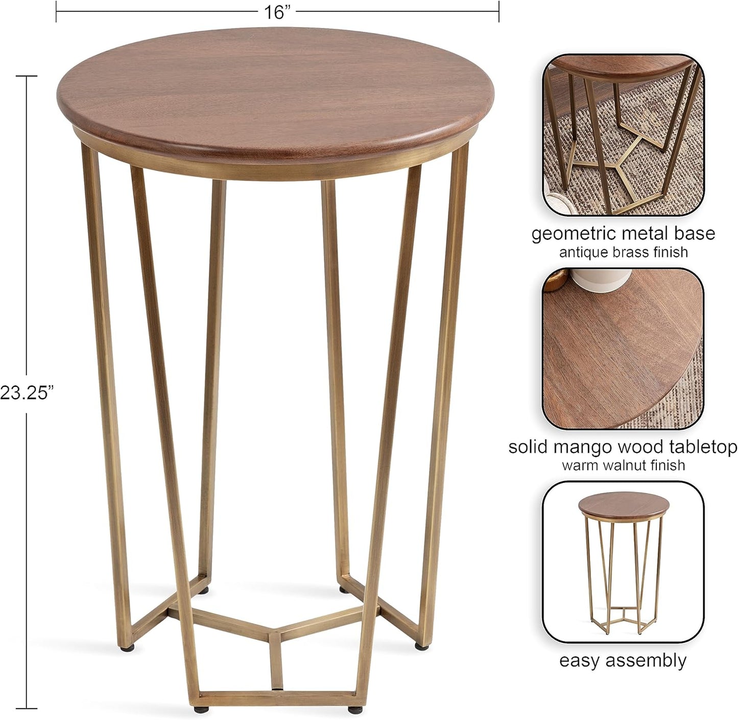 Kate and Laurel Solvay Round Metal and Wood Side Table; 16 x 16 x 24; Walnut and Antique Brass; Mid-Century Modern Bedroom Nightstand Table with Solid Mango Wood Tabletop and Iron Base