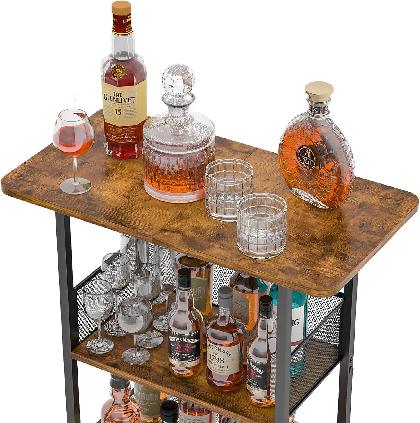 Wine Rack Freestanding Floor:4 Tier Whiskey Wine Rack Mini Bar Cart,Liquor Cabinet-Home Bar for Bottles,Cocktail Shaker,Mugs-(23.6 * 11.8 * 40inch)