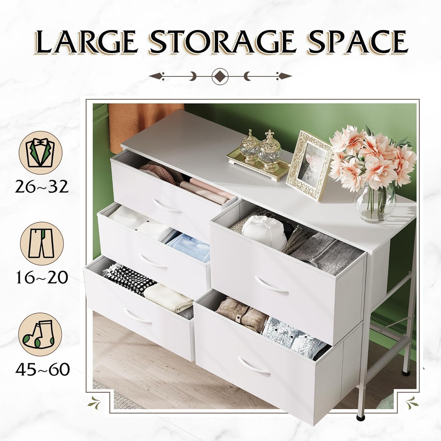 WLIVE White Dresser for Bedroom with 5 Drawers, Fabric Dresser for Living Room, Wide Chest of Drawers for Bedroom, Closet, Hallway, White