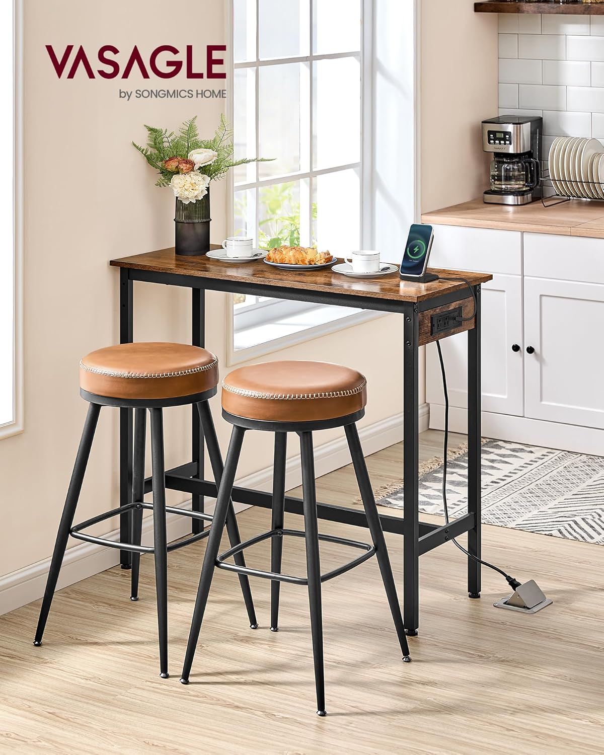 VASAGLE Bar Table, Narrow Long Kitchen Dining Table with Charging Station, Sturdy Metal Frame, Industrial, 15.7 x 39.4 x 35.4 Inches, Rustic Brown and Ink Black ULBT101K01