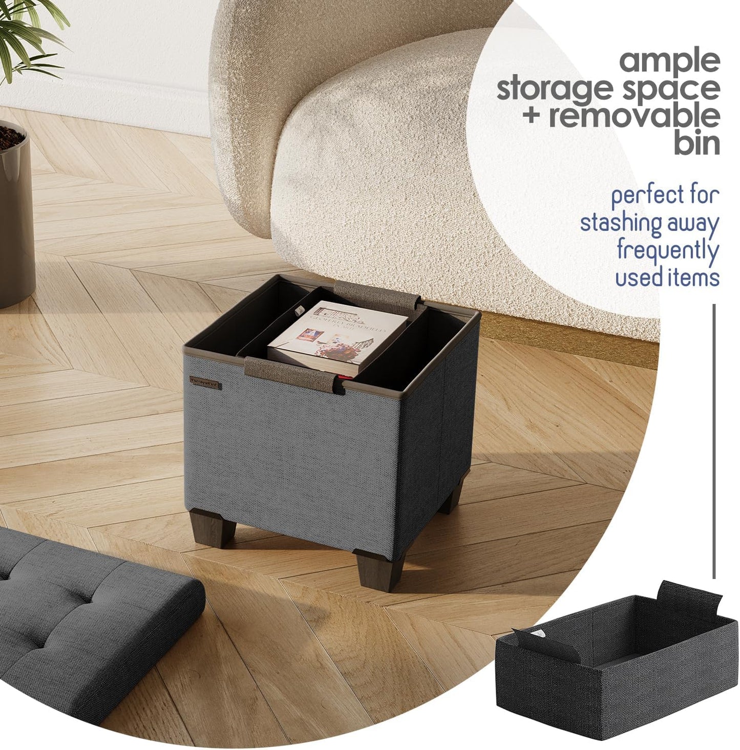 STORAGEBUD Storage Ottoman Cube with Small Bin, 16-in Square Ottoman with Storage for Living Room and Bedroom, Small Ottomans Foot Rest, Fabric Foot Stools Ottomans Max 330lbs, Grey