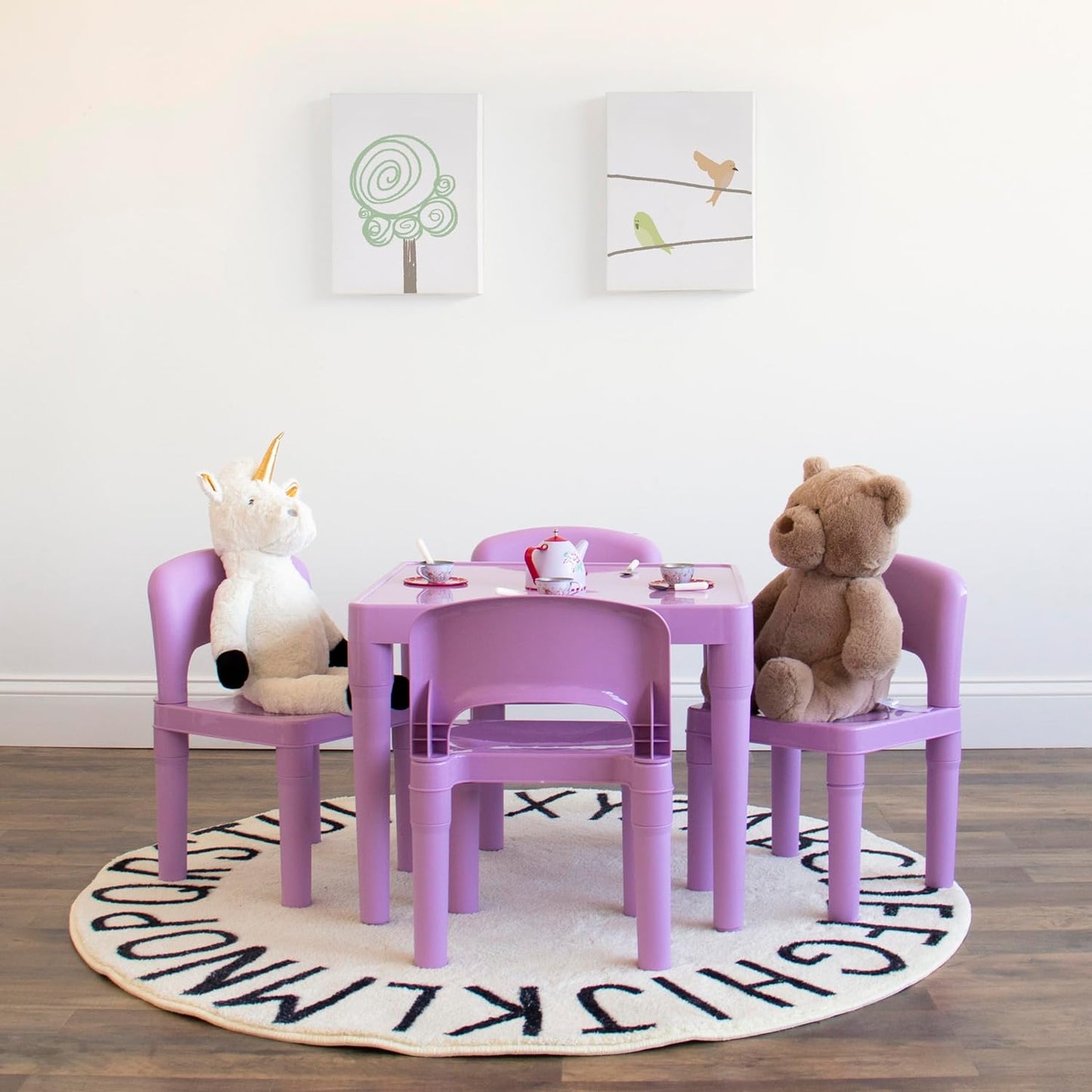 Humble Crew Kids Plastic Table and 4 Chairs Set, Purple Square Table with Lightweight Chairs, Toddler Playroom Activity Furniture for Ages 3-6, Easy Snap-Together Assembly