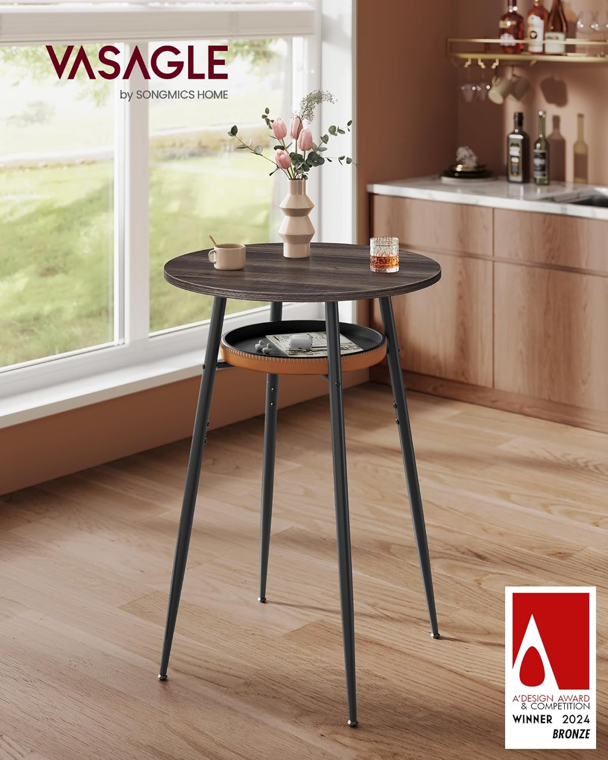 VASAGLE EKHO Collection - Bar Table with Storage, Round High Pub Table, Synthetic Leather with Stitching, Mid-Century Modern, Kitchen Home Bar, Living Room, Easy Assembly, Ash Brown and Caramel Brown