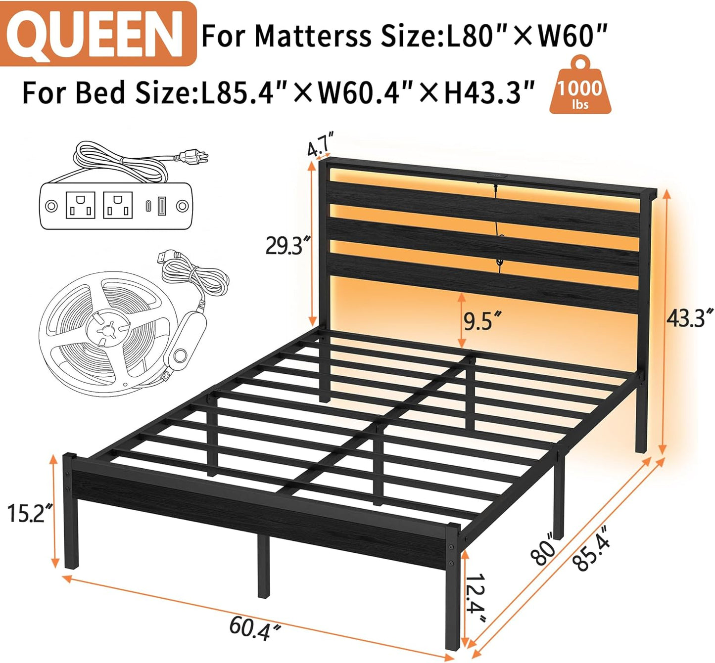 14 Inch Classic Metal Platform Bed Frame-Queen Bed Frame with Headboard,Steel Slats Support-LED Bed Frame with USB Charging Station,Under Bed Storage,No Box Spring Needed,Noise Free