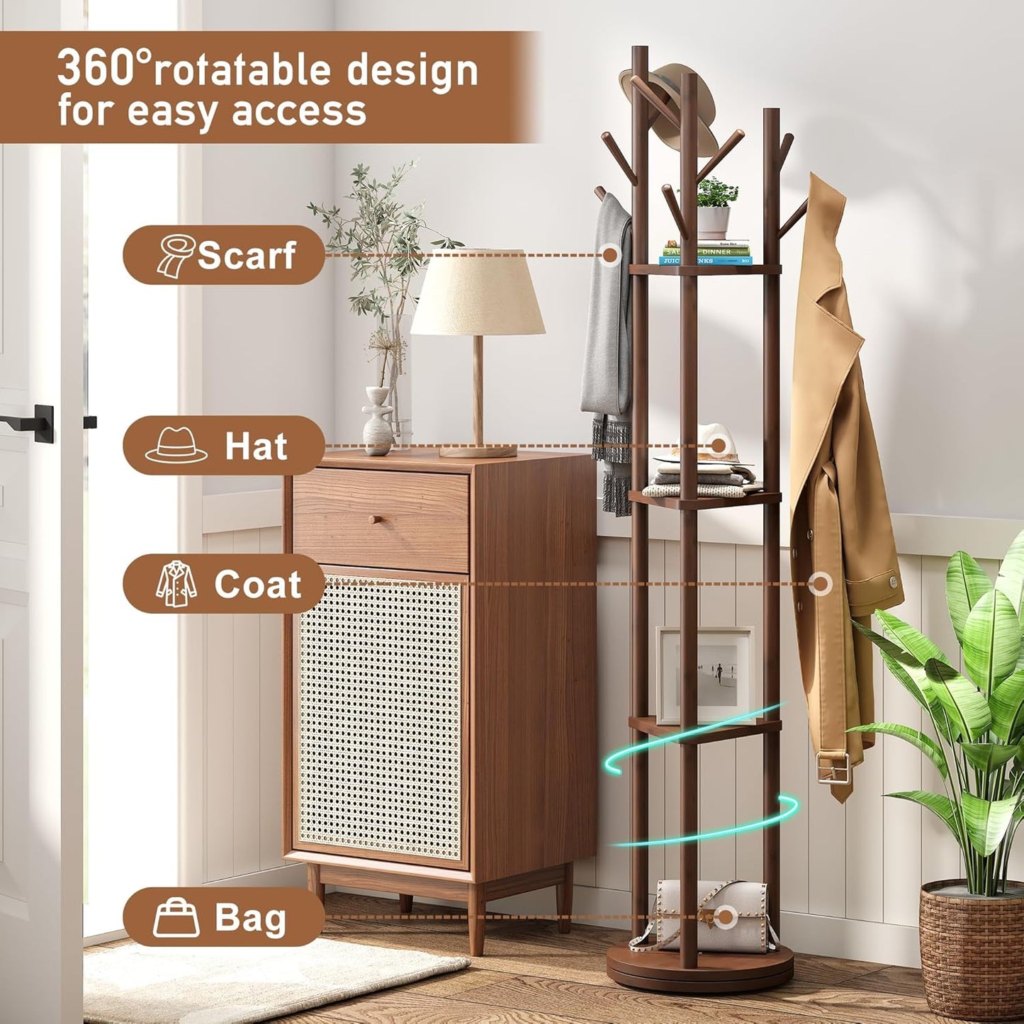 FILWH Bamboo Coat Rack Rotary Freestanding with Shelf Tree Stand for Hallway Entryway Hanger Stand with 9 Hooks 3 Shelves (Brown)
