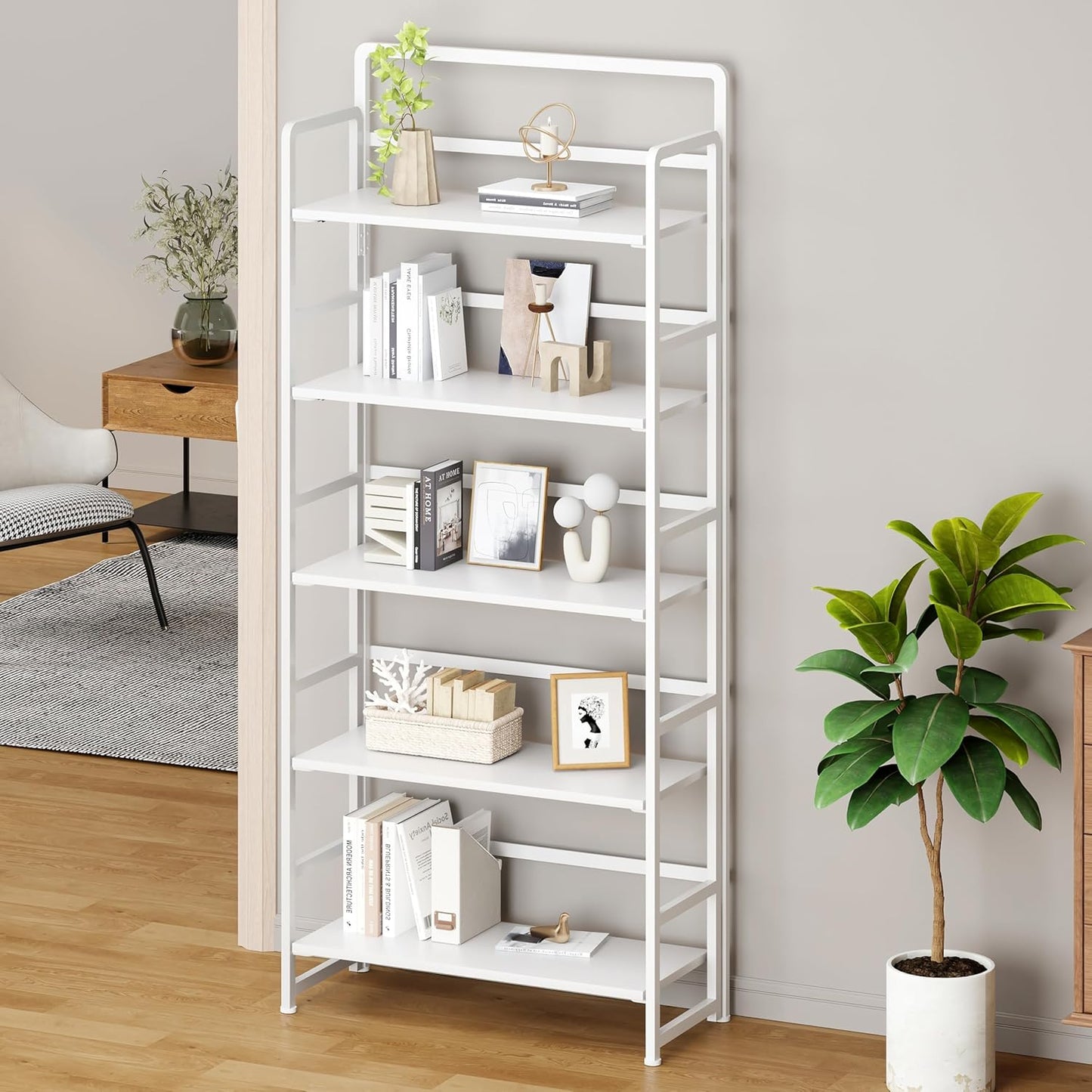 No Assembly Folding Bookshelf, 5 Tiers Collapsible Book Shelf for Home Office, Vintage Wood Foldable Bookcase Storage Organizer for Living Room Bedroom (White)