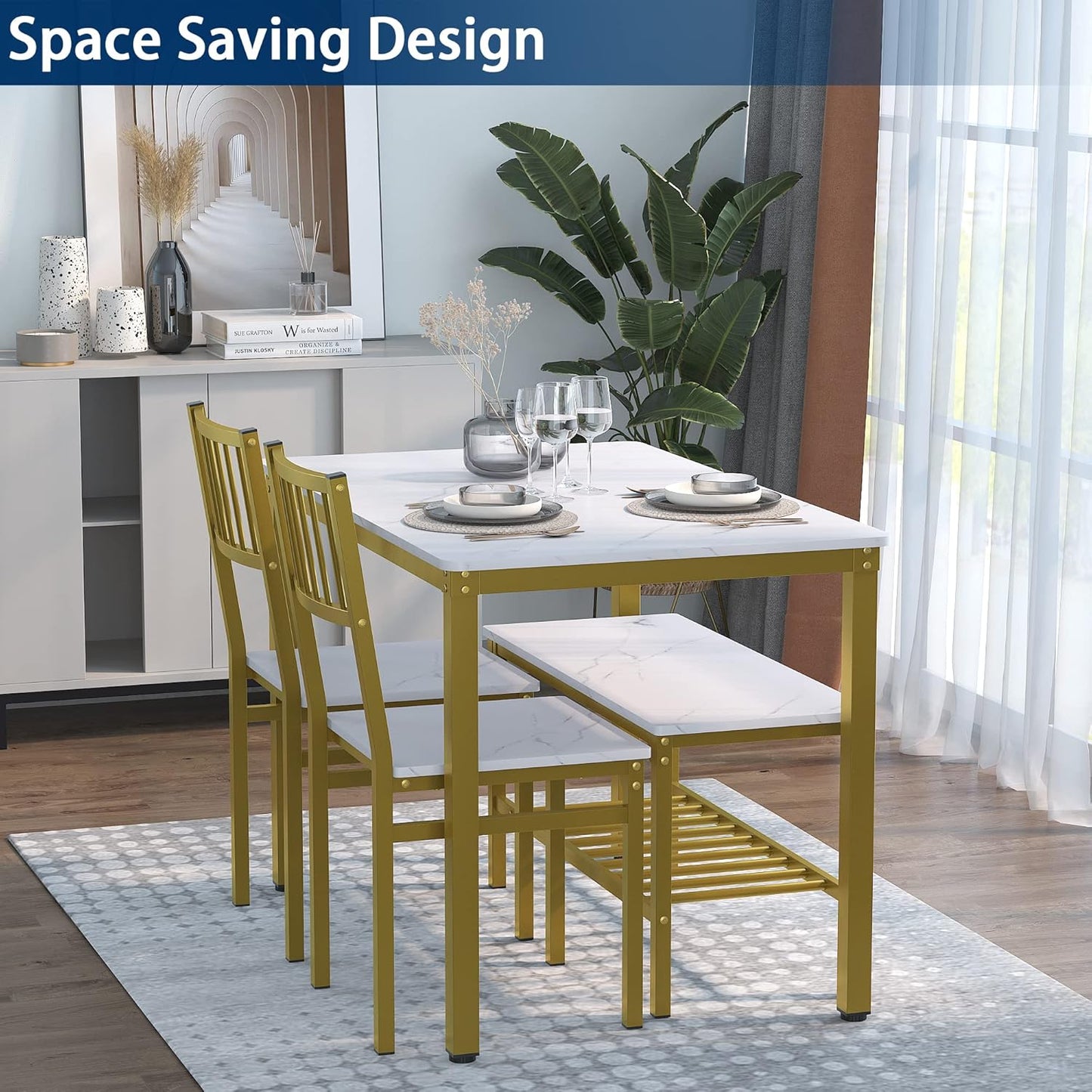 Teraves Dining Table Set for 4/Computer Desk,Kitchen Table with 2 Chairs and a Bench,Table and Chairs Dining Set 4 Picce Set for Dining Room (White Marbling+ Gold Frame,110CM)