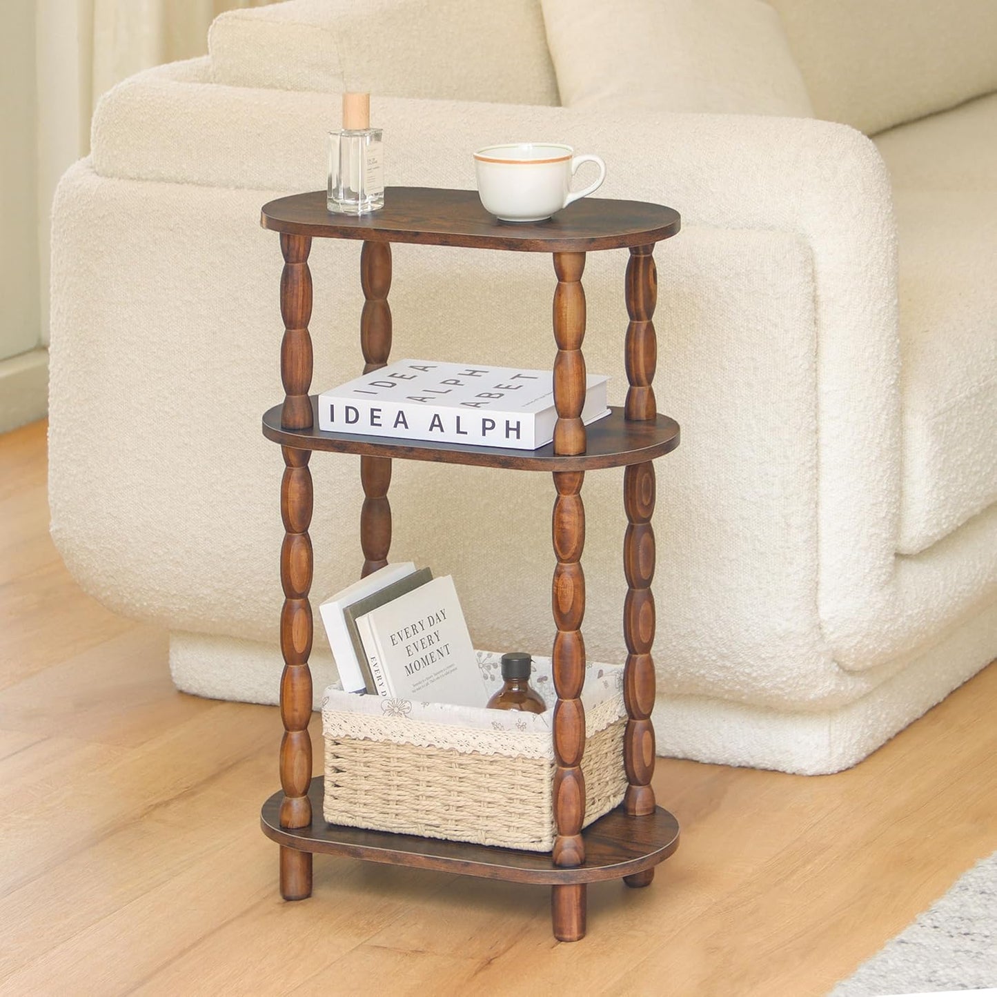 MaxSmeo Small Narrow Side Table, 3-Tier Narrow End Table with Storage, Skinny Side Table Nightstand for Small Space, Bedrooms, Living Room (Rustic Brown)