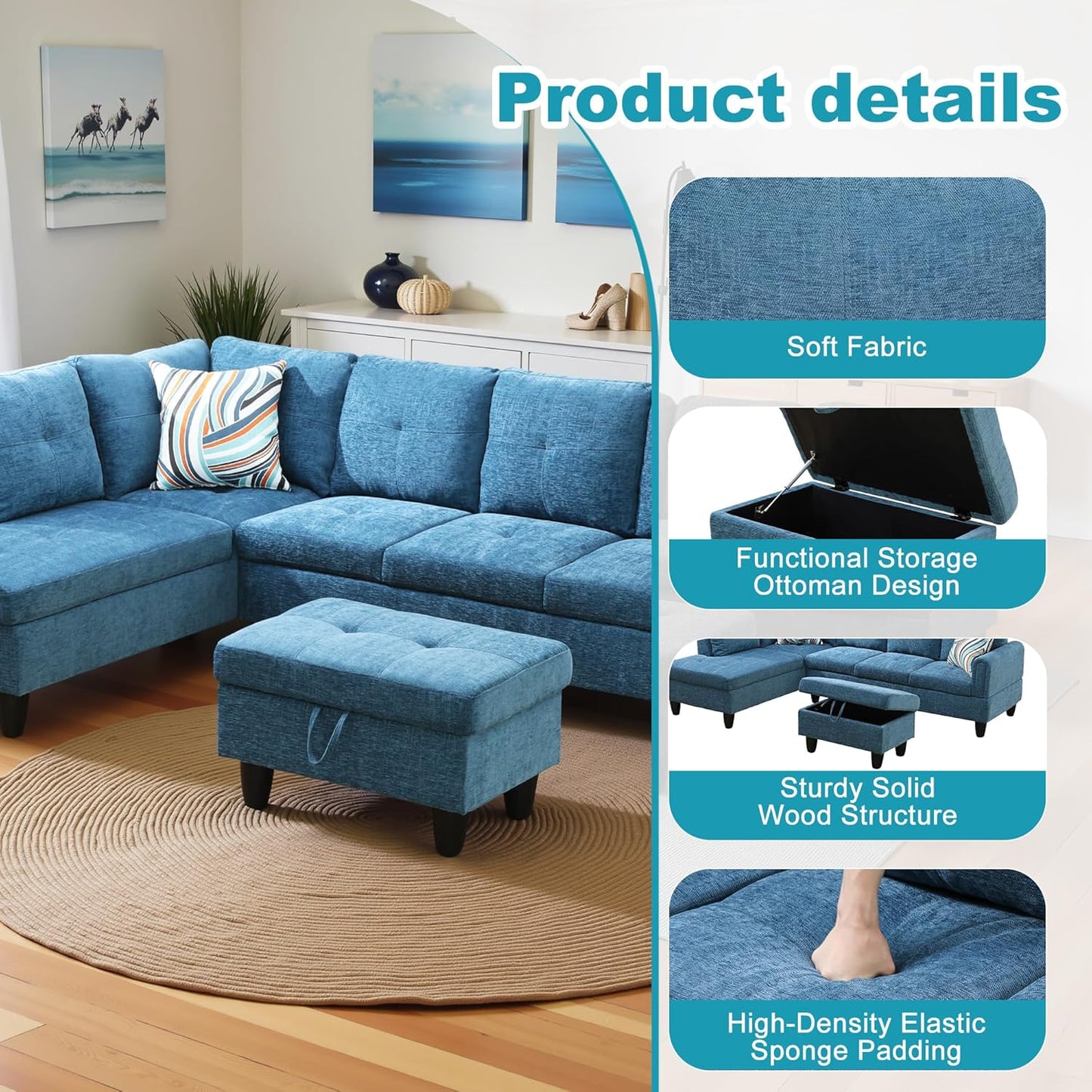 L Shaped Couch Modern Sectional Couch Upholstered Flannel Fabric 3 Pieces Sofas for Living Room with Chaise, Storage Ottoman for Office and Small Apartment, Blue