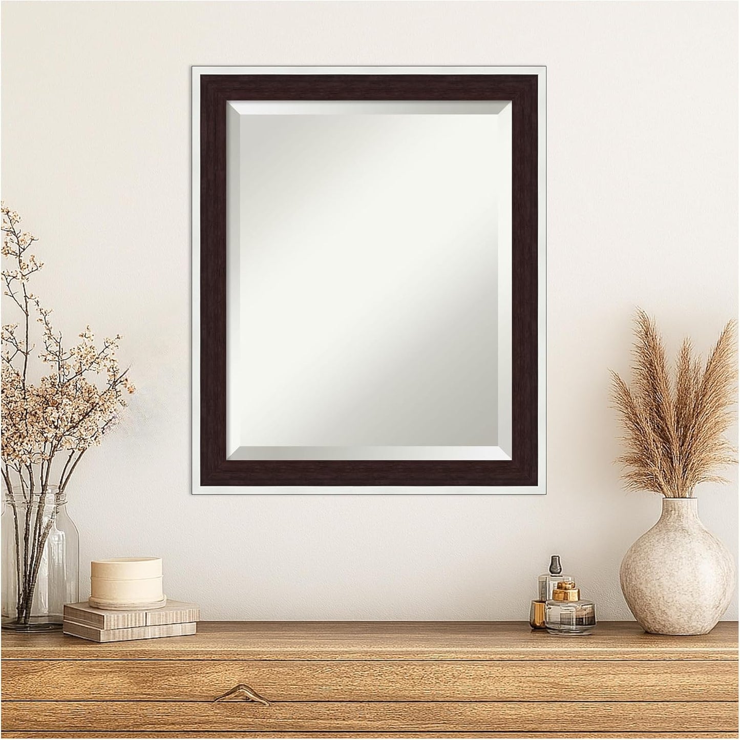 Amanti Art Wall Mirror 23x19 Maya Espresso Silver Rectangle Bathroom Mirror for Wall Decor Living Room, Small Modern Contemporary Frame, Hangs Horizonally and Vertically, Bathroom Decor, Beveled Edge