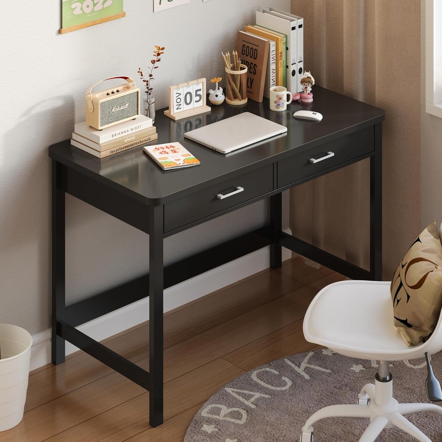 4NM 39.4" Small Desk with Wood Drawers, Home Office Computer Desk with Wooden Legs, Study Writing Table Vanity Desk for Small Spaces - Black