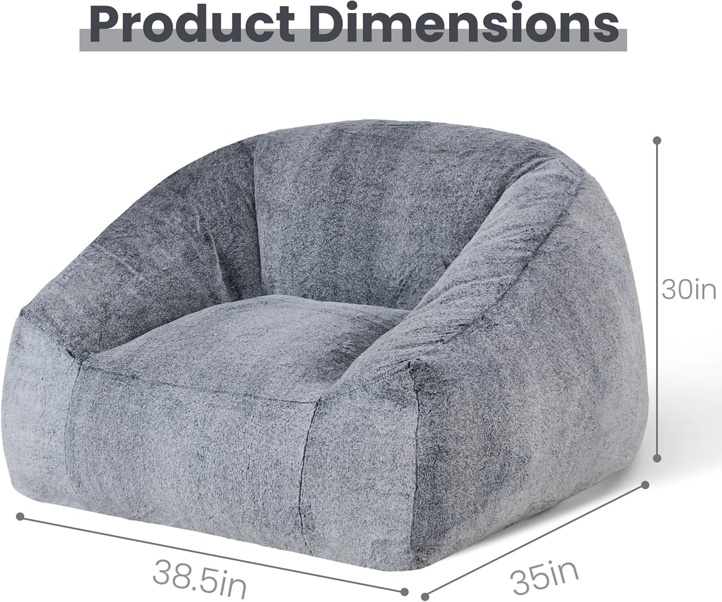 Bean Bag Chairs for Adults, Giant Beanbag Sofa Comfy Reading Chair, Oversized Bean Bag Chairs for Living Room Bedroom, Soft Faux Fur Fabric, 3.2FT, Dark Grey, Plush
