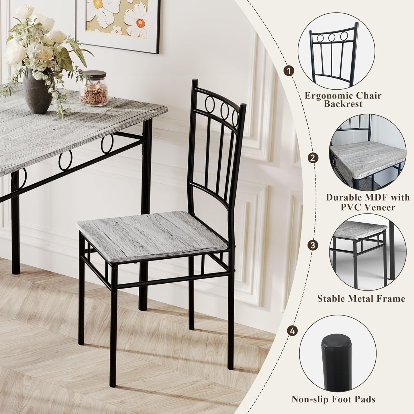 5 Piece Dining Table Set, Modern Metal&Wood Kitchen Dinner Table with 4 Chairs, Dining Room Table Sets for Small Spaces, Gray