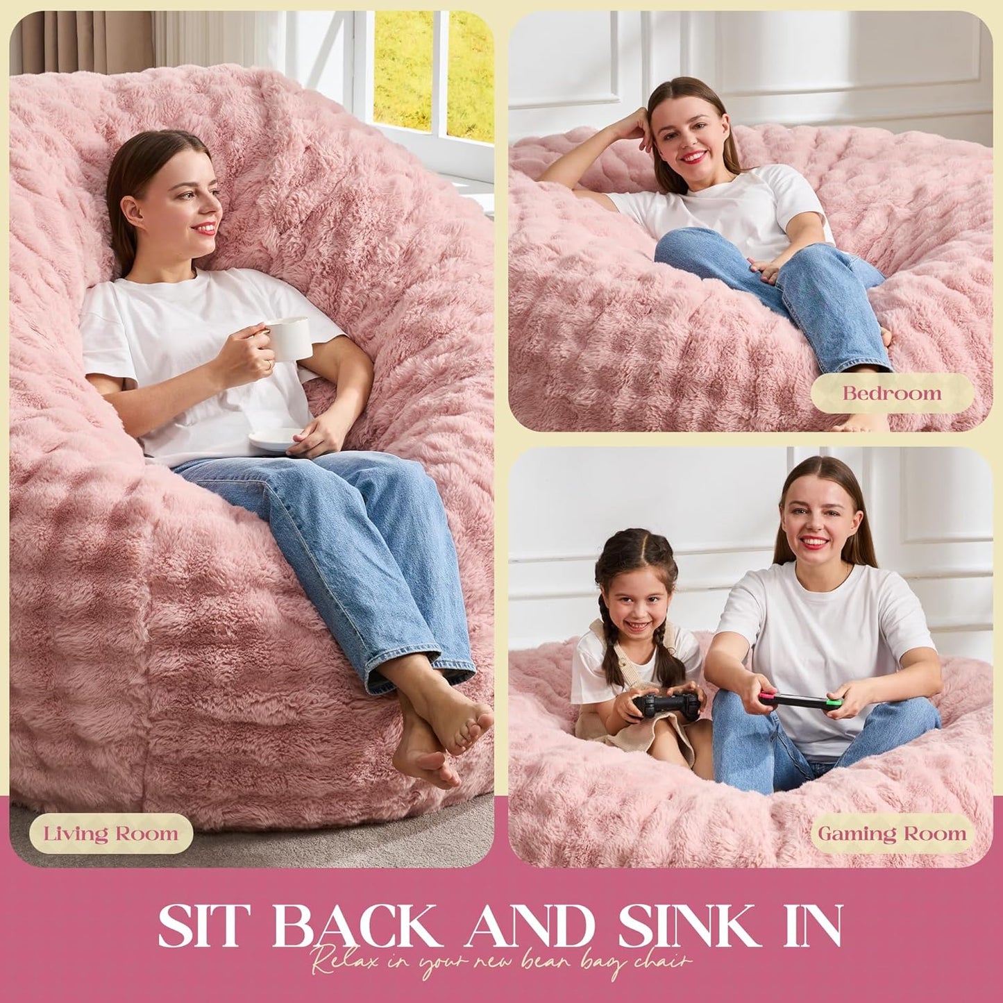 Hobestluk Bean Bag Chairs Beanbag Chair with Filler Adult Bean Bags with Fluffy & Machine Washable Cover, Giant Bean Bag Chairs for Adults (Pink, 3FT-36" x 36" x 22")