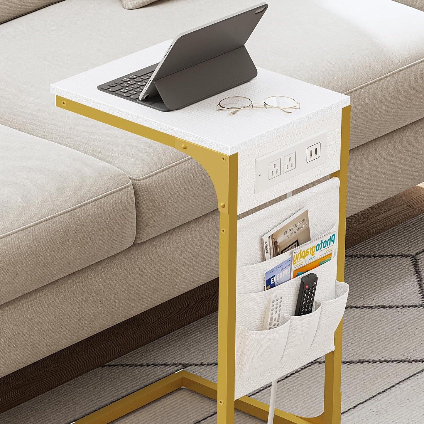 TUTOTAK C Shaped End Table with Charging Station, Side Table for Sofa, Couch Table with Storage Bag, Set of 2, TV Tray Table with 2 USB Ports and Outlets for Living Room, Bedroom, TB01BWG0242