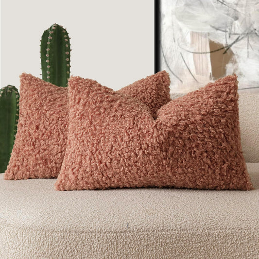 Foindtower Set of 2 Curly Teddy Wool Pillow Covers Decorative Boucle Textured Lumbar Throw Pillow Faux Fur Sherpa Pillowcases Sheepskin Fuzzy Cushion Case for Sofa Bedroom Car 12"x20" Dusty Pink