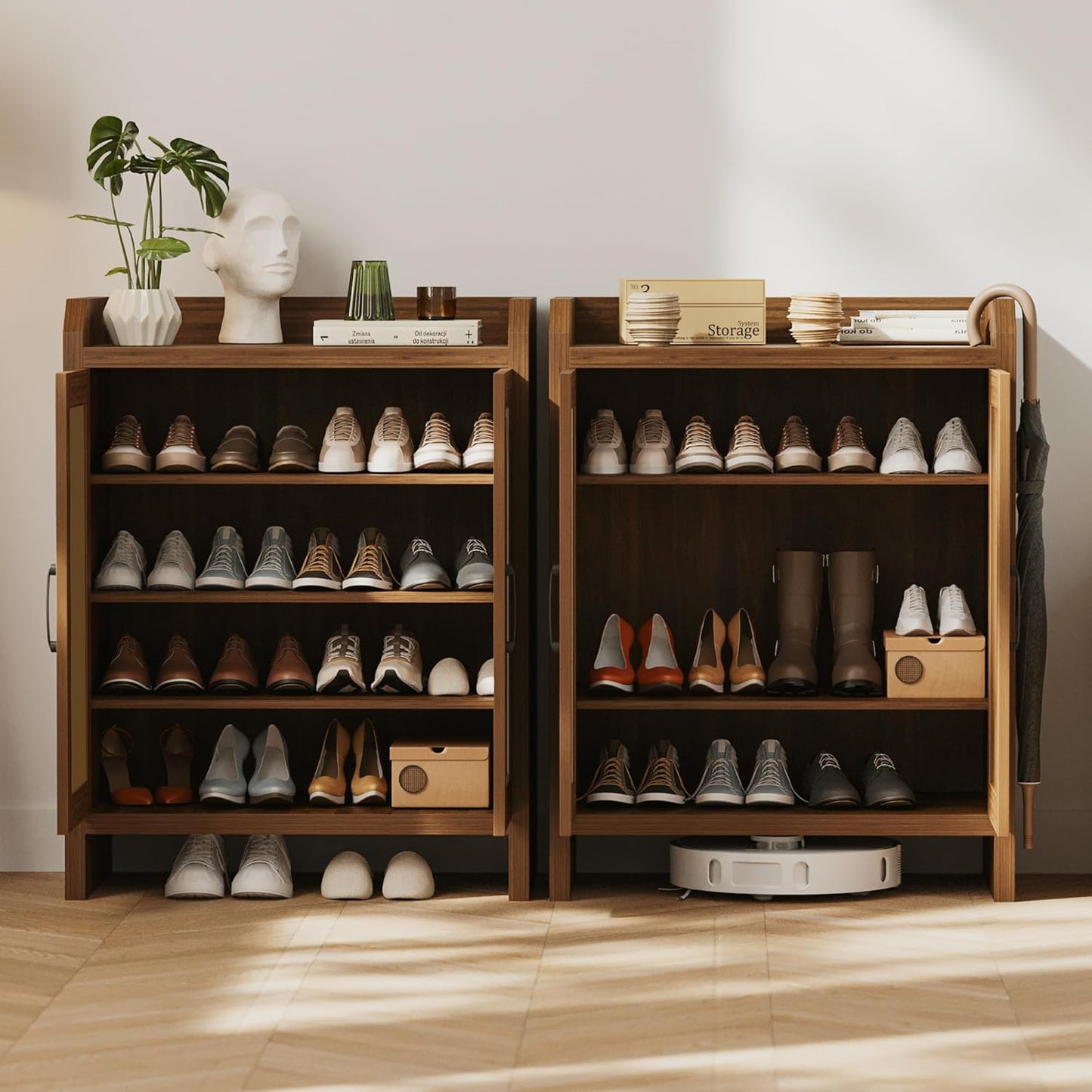 Shoe Cabinet Storage for Entryway, Natural Rattan Storage Cabinet, Wooden Shoe Rack, Farmhouse Boho Wood Shoe Organizer Cabinet for Hallway Walnut