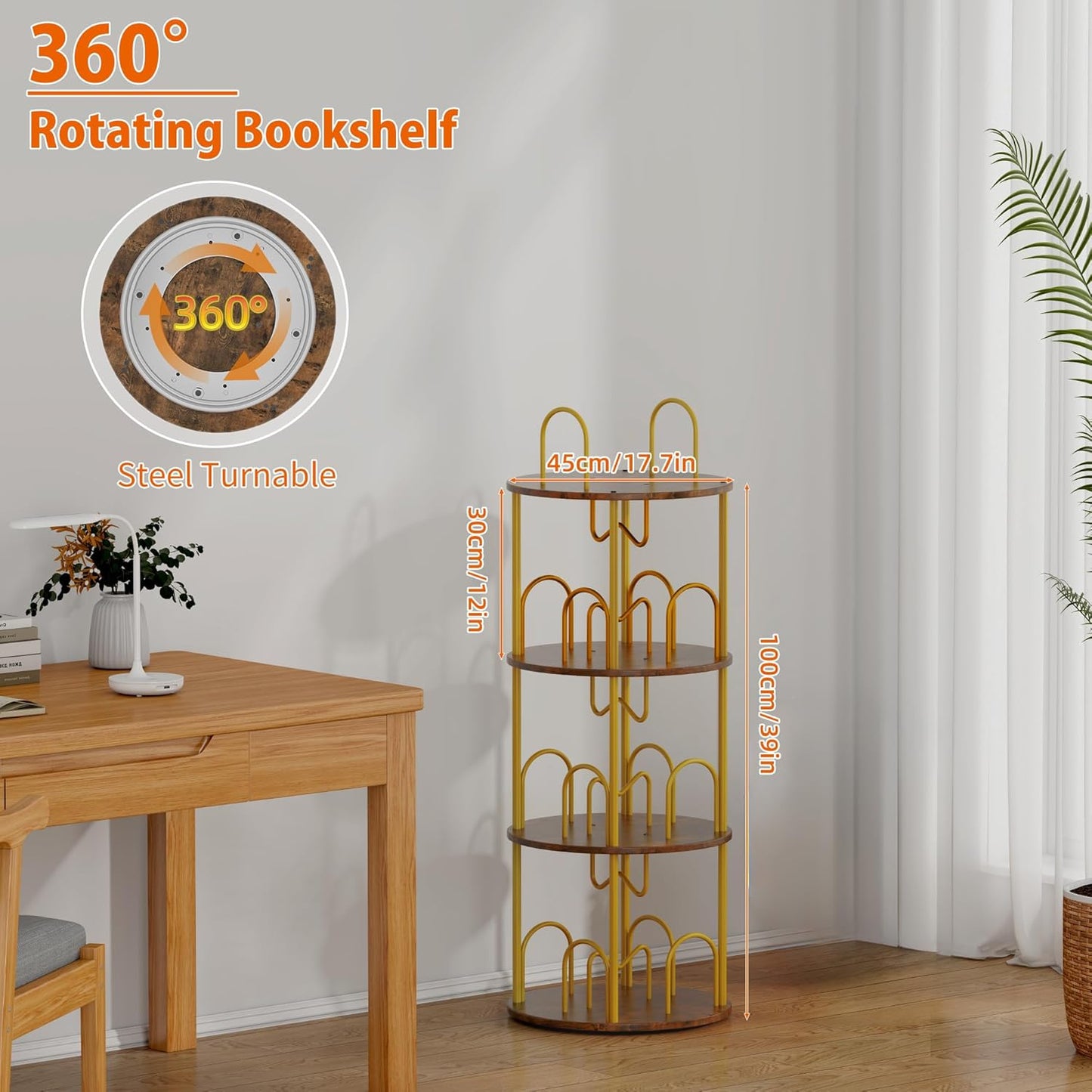 3 Tier Rotating Bookshelf, 360° Spinning Bookshelf Tower, Round Narrow Space Saving for Books and Display, Revolving Bookcase Corner Tall Book Shelf for Small Spaces, Bedroom, Living Room, Gold+Brown