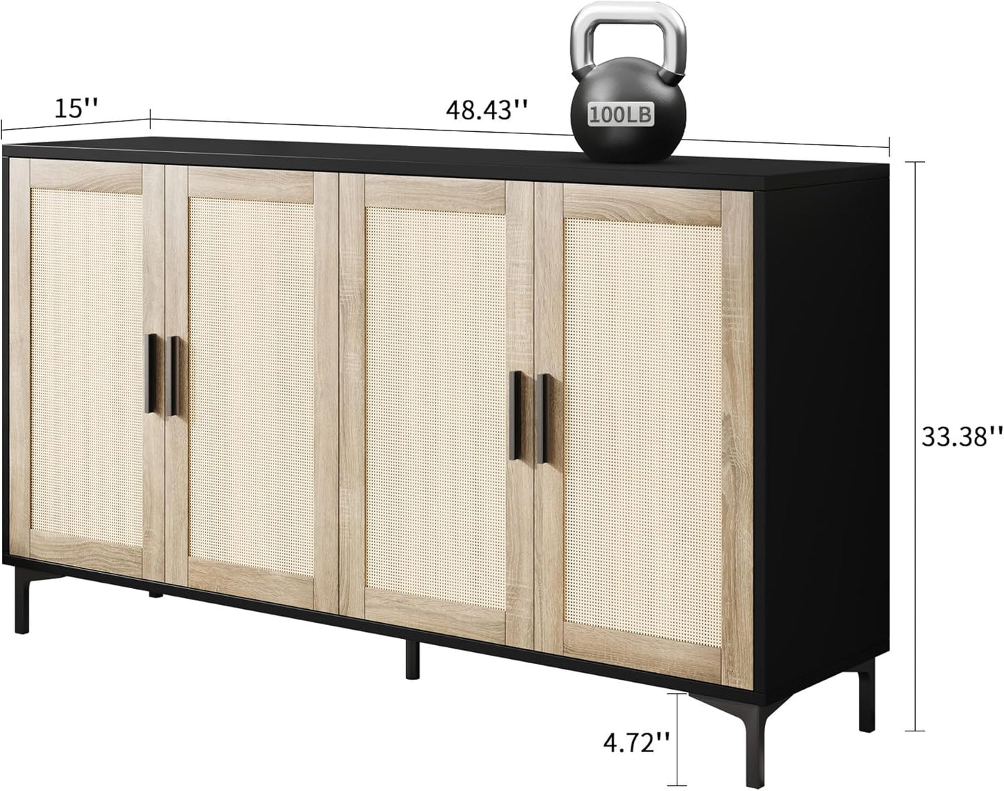 Sideboard - Buffet Cabinet with Storage, Rattan Kitchen Buffet Cabinet Accent Sideboard Cabinets with Doors, Coffee Bar Cabinets Rattan Sideboards for Living Room, Entryway, Black