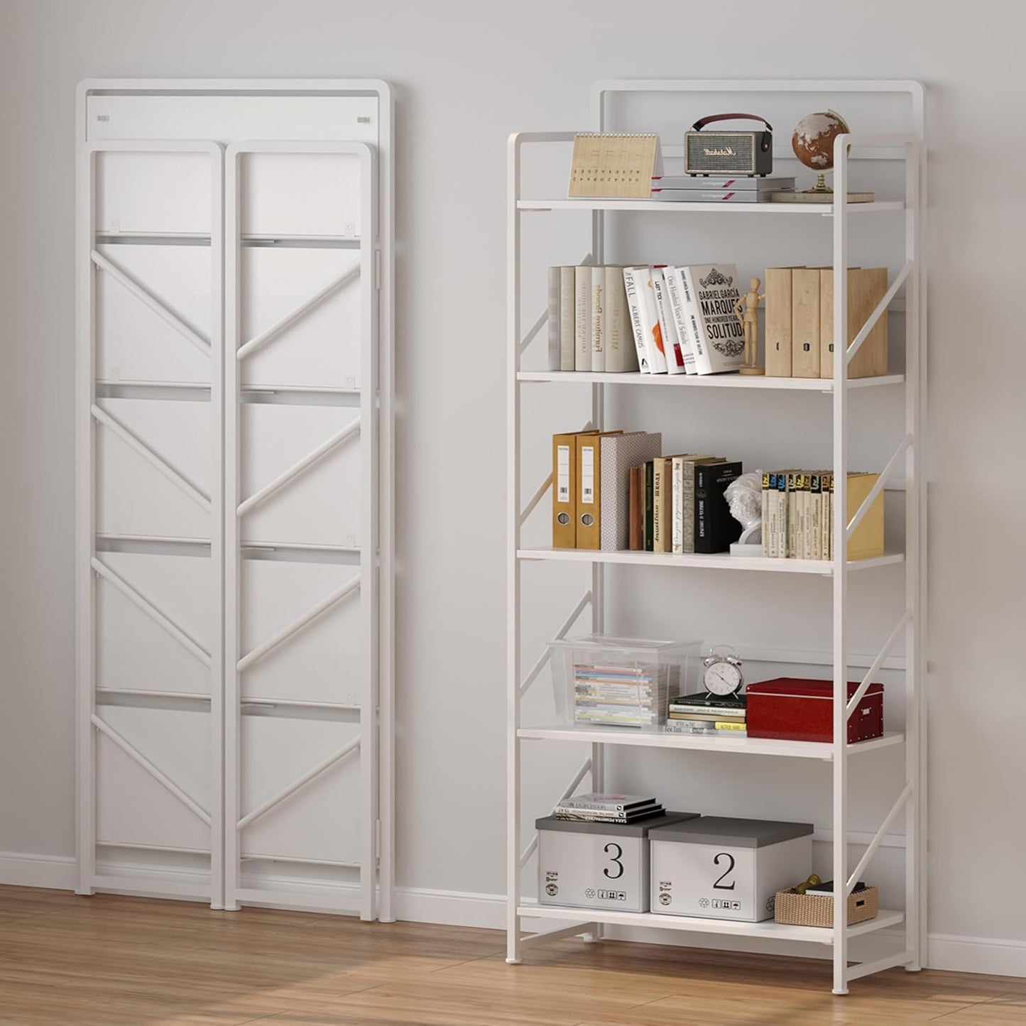 JSB No Assembly Folding Bookshelf, 5 Tier Industrial Metal Book Shelf for Storage, Vintage Wood Foldable Bookcase for Living Room, Bedroom, Office Organization Shelves