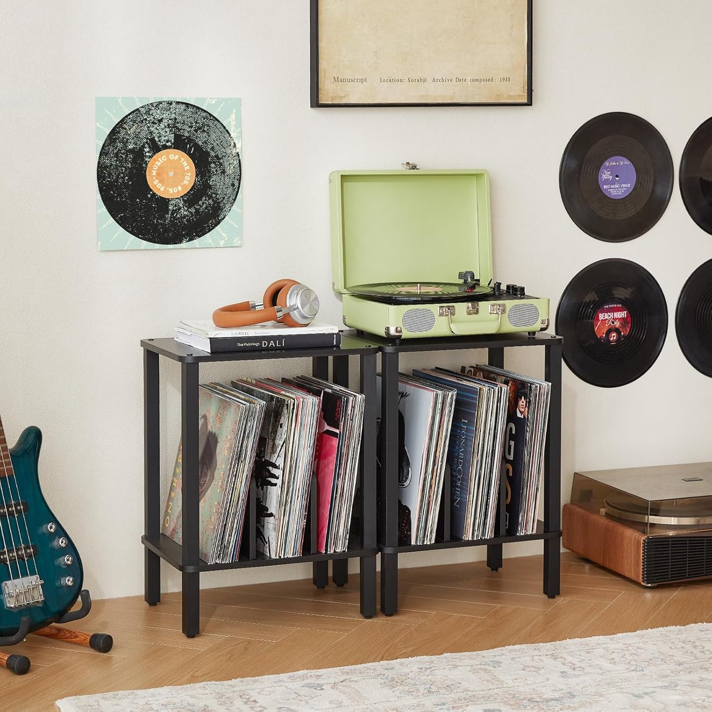 LELELINKY 2-Tier Record Player Stand with Vinyl Record Storage up to 100 Albums, Bedroom Record Holder and Multi-Functional End Table for Living Room, Black