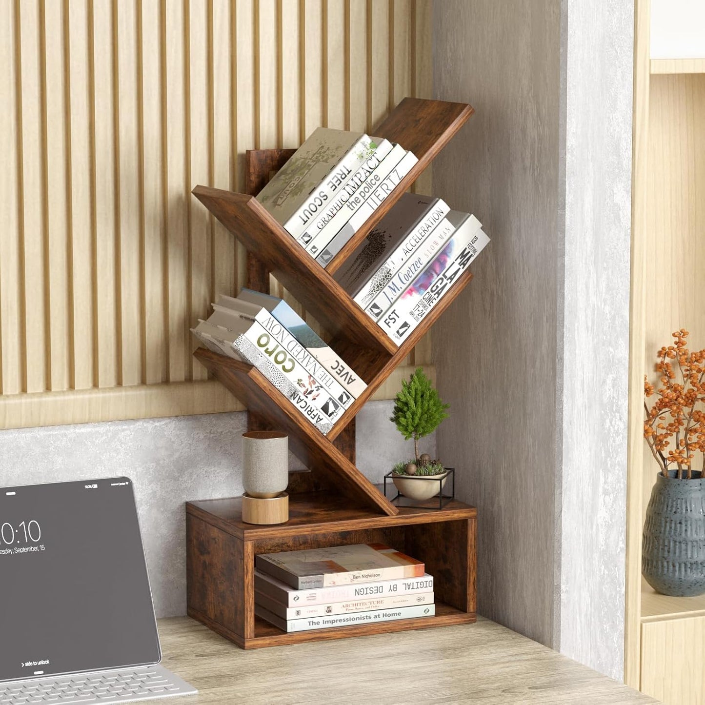 Small Tree Book Shelf,5 Tier Black Tree Bookshelf,Brown Desktop Bookcase,Modern Desk Display Storage Bookshelves,Floor Standing Organizer Bookcases for Living Room,Bedroom,Office-White-Brown