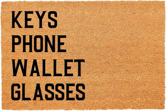 Funny Coir Doormat Keys Phone Wallet Glasses Front Door Mat Entryway Outdoor Mat with Heavy Duty Front Porch Decor Welcome Mats House Warming Gift Doormat Entry Natural Coir Mat 23.7 x 15.7 inch
