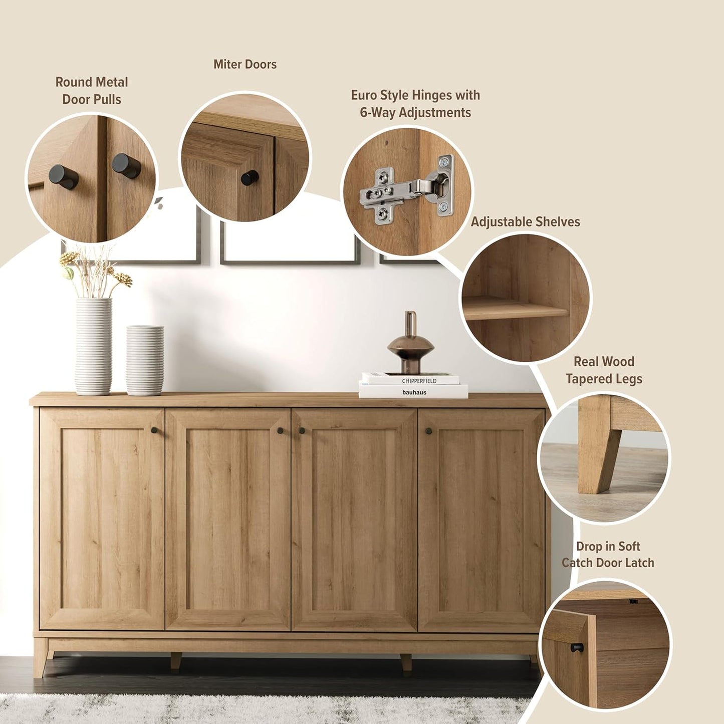 Prepac Yaletown 4 Panel Door Console Table with Storage, Oak Storage Cabinet with Doors and Shelves, Sideboard Storage Cabinet 60" W x 32" H x 16" D, OCBG-2220-1