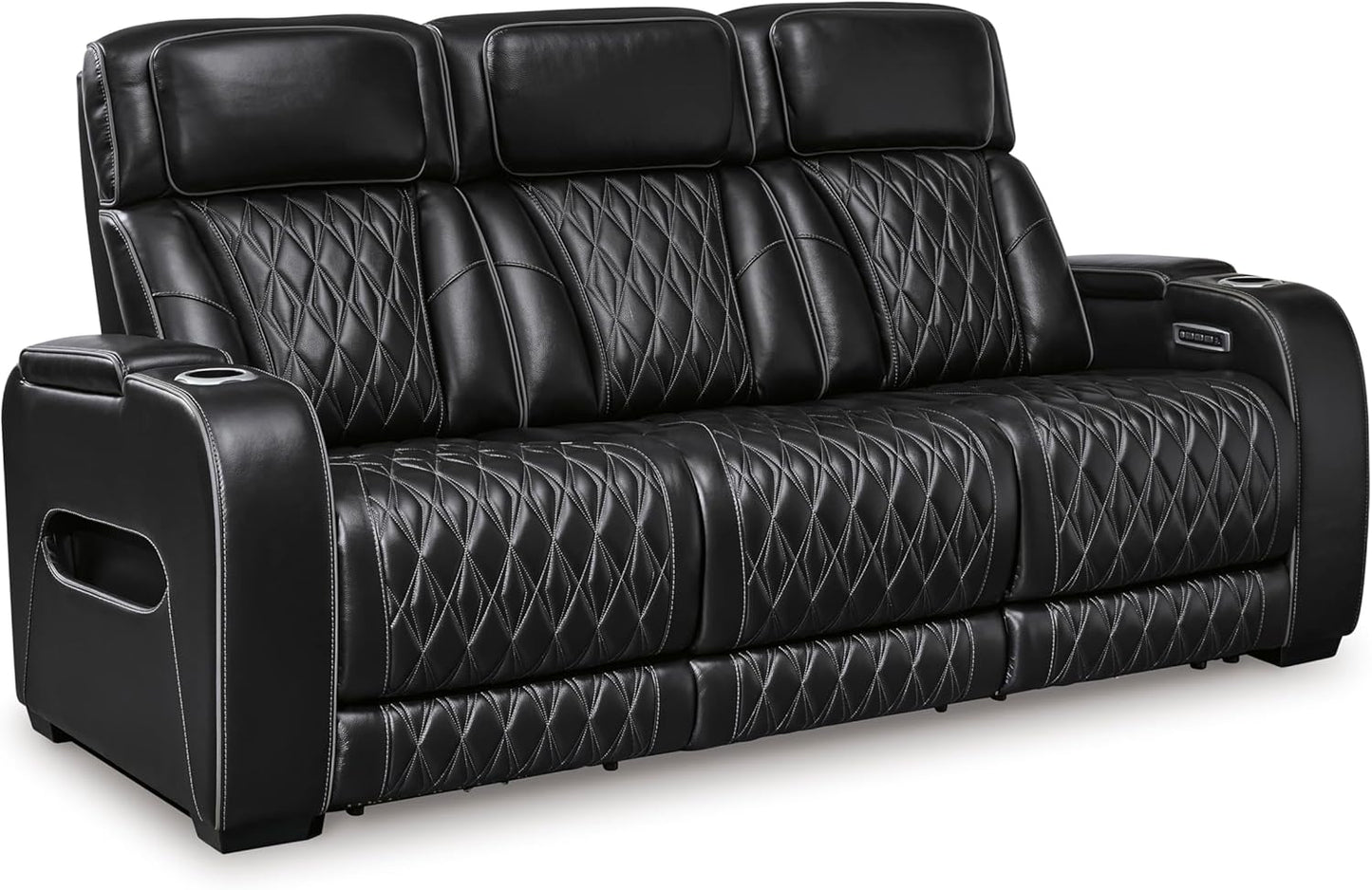 Signature Design by Ashley Boyington Contemporary Leather Match Power Reclining Sofa with Adjustable Headrest, Cup Holder, USB Charging Ports, Air Massage System and LED Lighting, Black