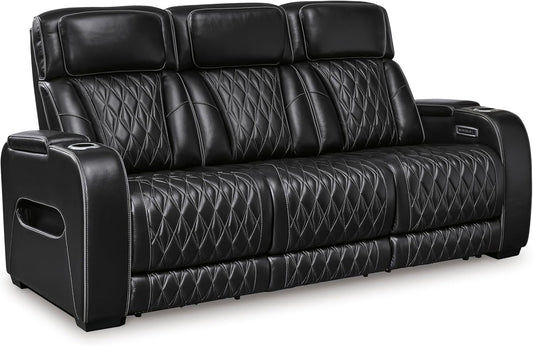 Signature Design by Ashley Boyington Contemporary Leather Match Power Reclining Sofa with Adjustable Headrest, Cup Holder, USB Charging Ports, Air Massage System and LED Lighting, Black