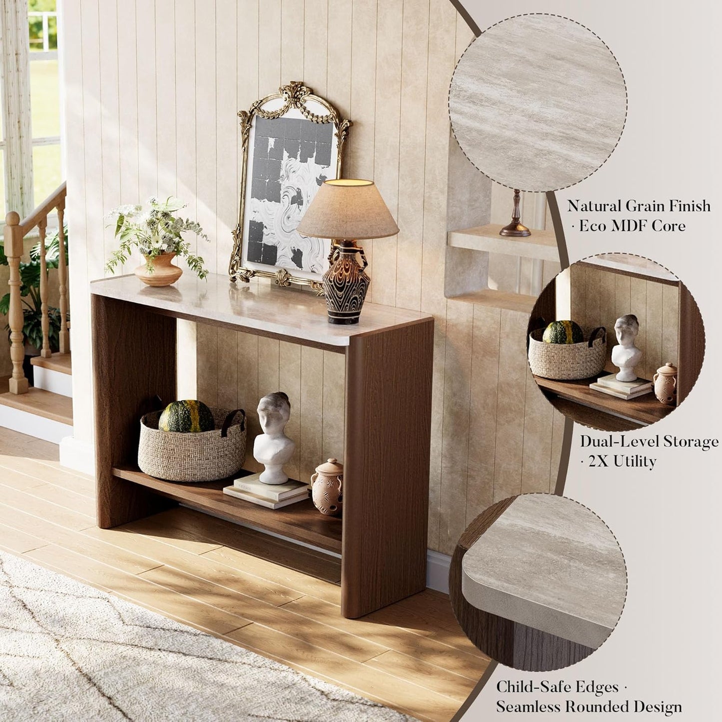 COSIEST 43.3" Farmhouse Console Table for Entryway, 2-Tier Sofa Table with Faux Stone Grain Top, Slim Accent Table for Hallway, Behind Couch, or Living Room, Brown Wood Look