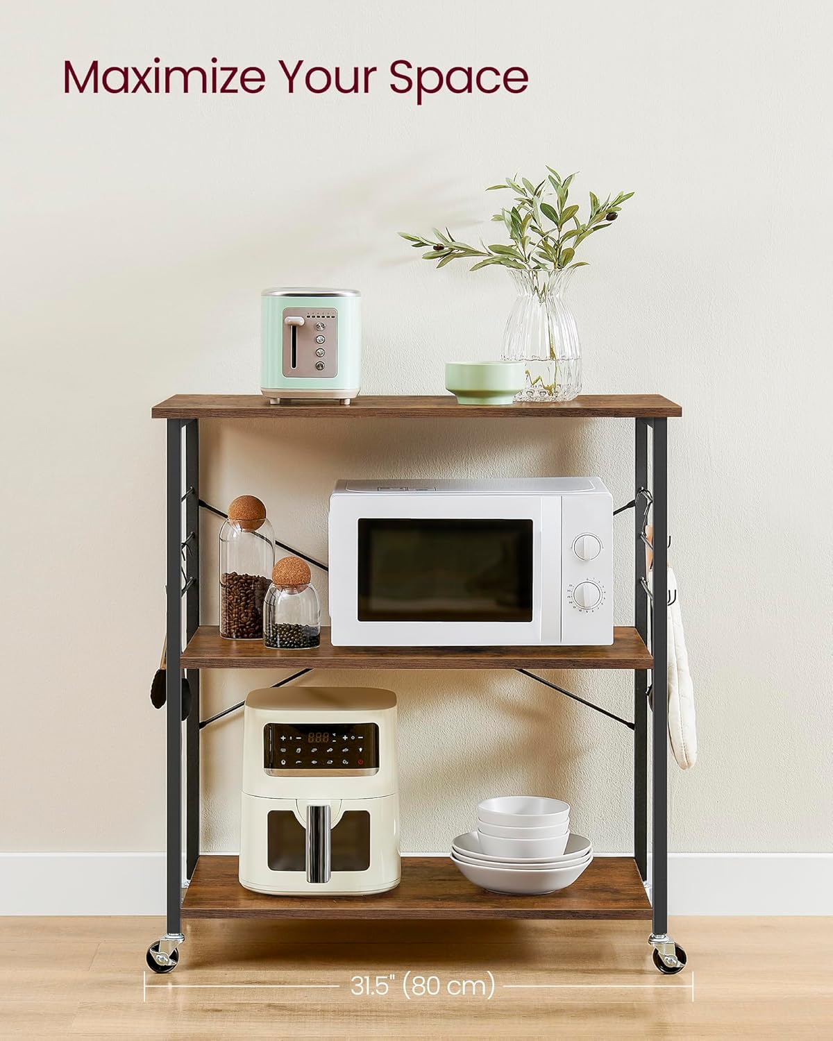 VASAGLE Kitchen Shelf on Wheels, Serving Cart with 3 Shelves, Kitchen Cart, Microwave Shelf, for Mini Oven, Toaster, with 6 Hooks, Industrial Style, Rustic Brown and Black UKKS067K01